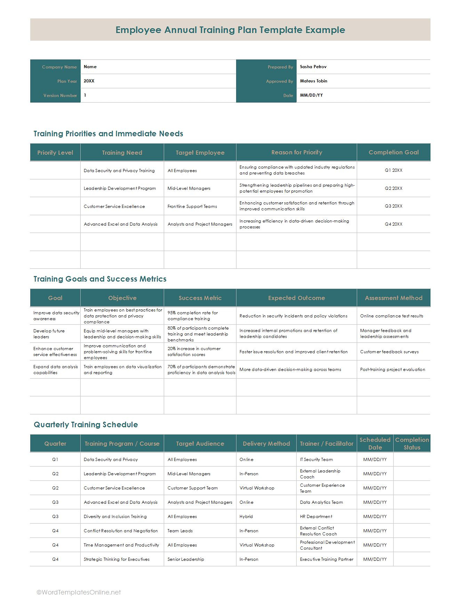 EXCEL SHEET Employee Annual Training Plan Template