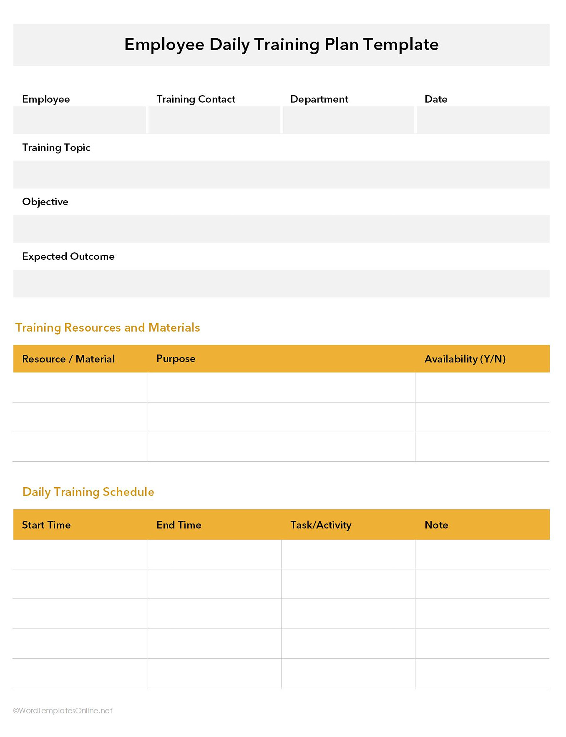 Free Employee Daily Training Plan Template in excel format