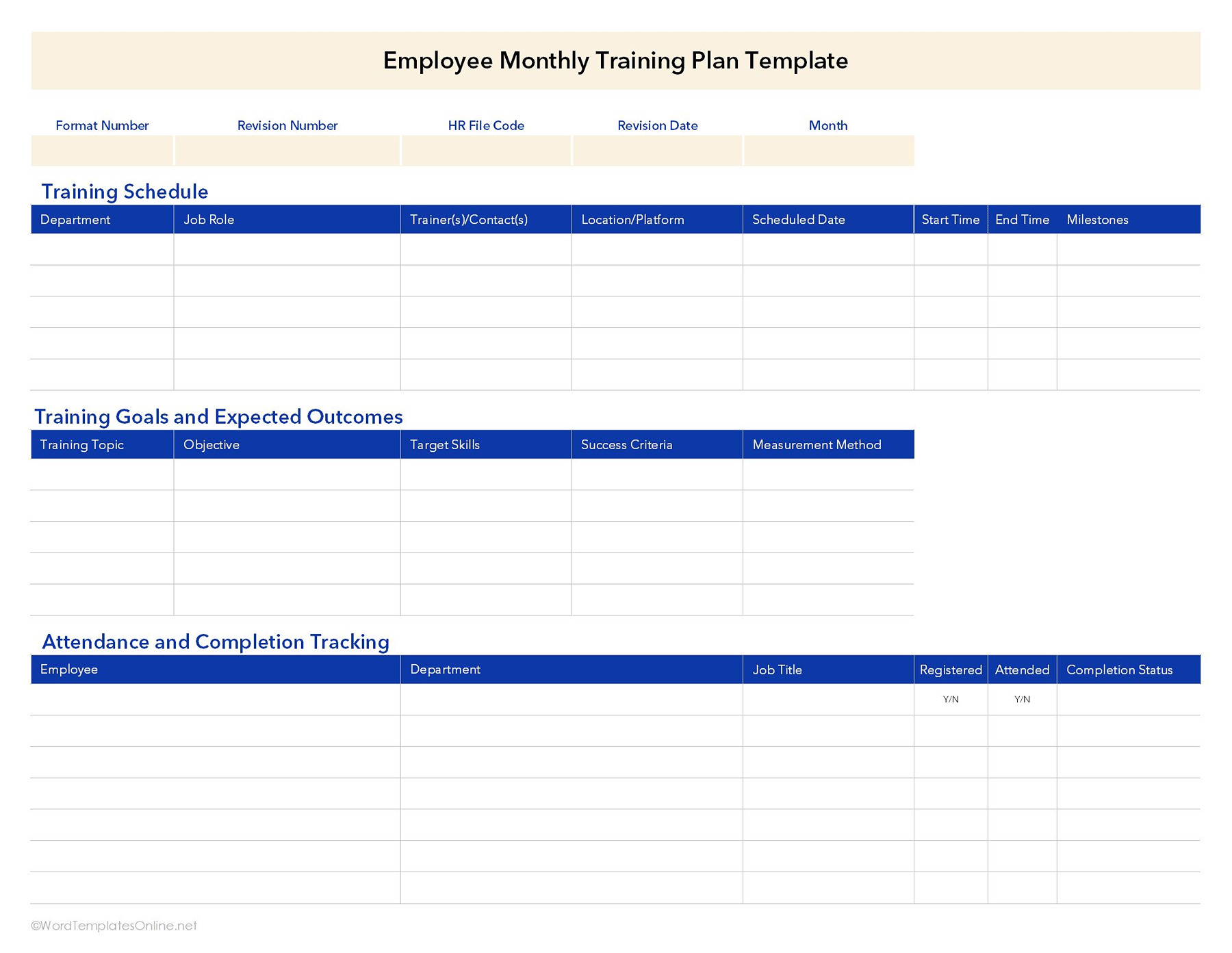 Printable Employee Monthly Training Plan Template