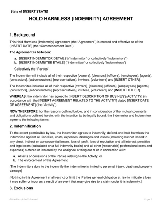 Printable hold harmless agreement form