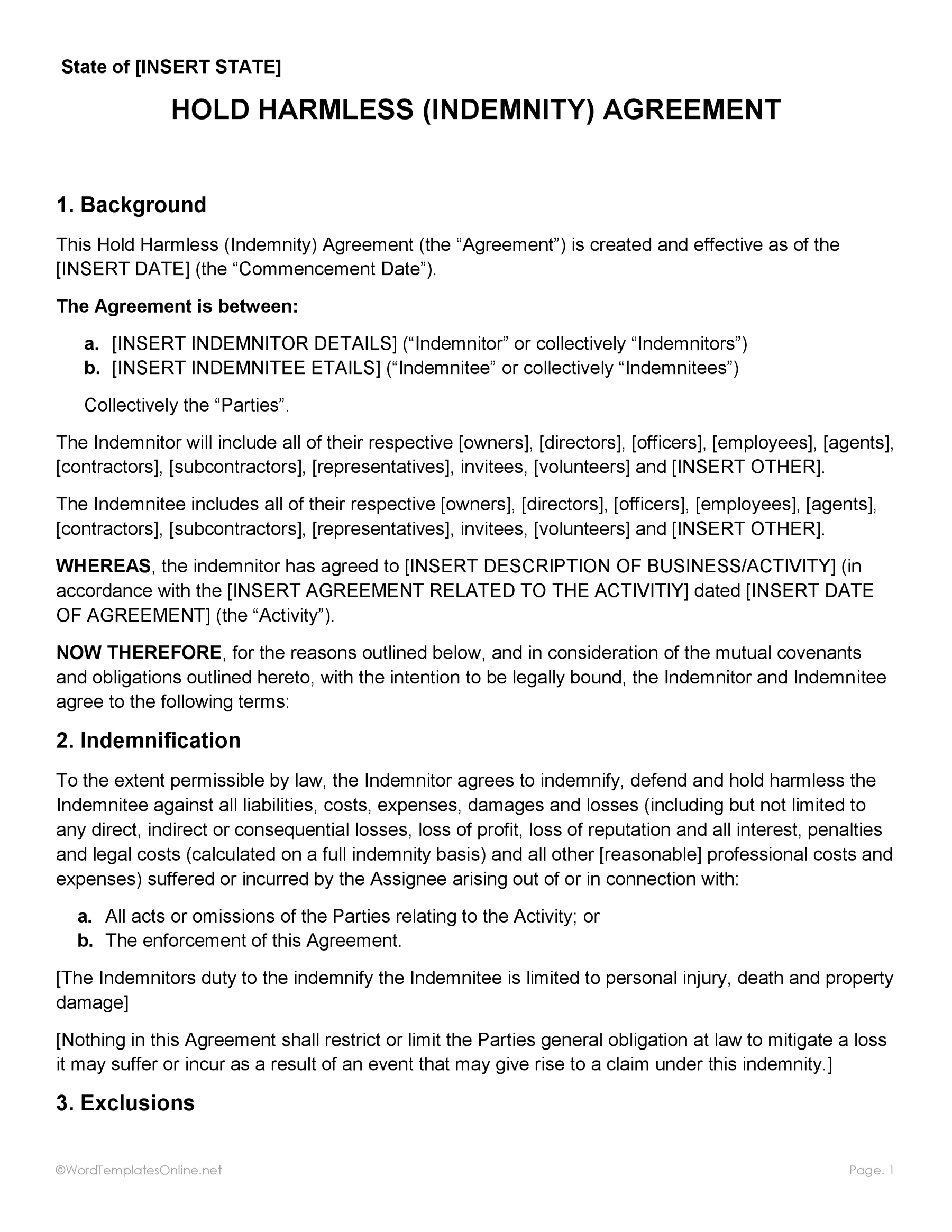 Printable hold harmless agreement form