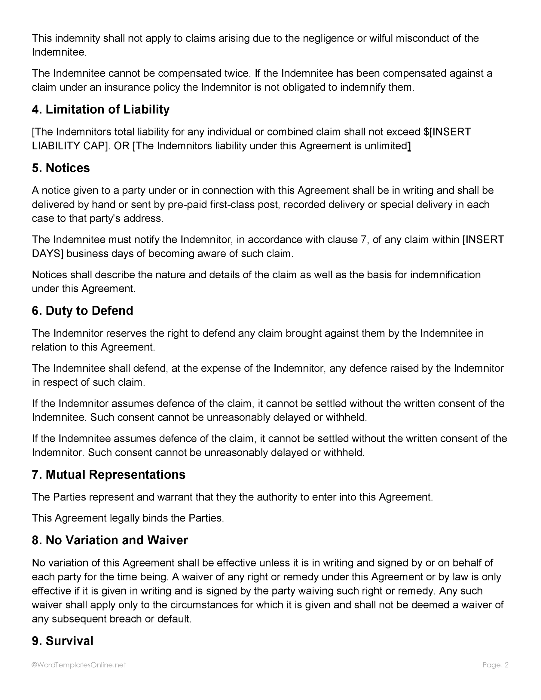 Standard hold harmless agreement document