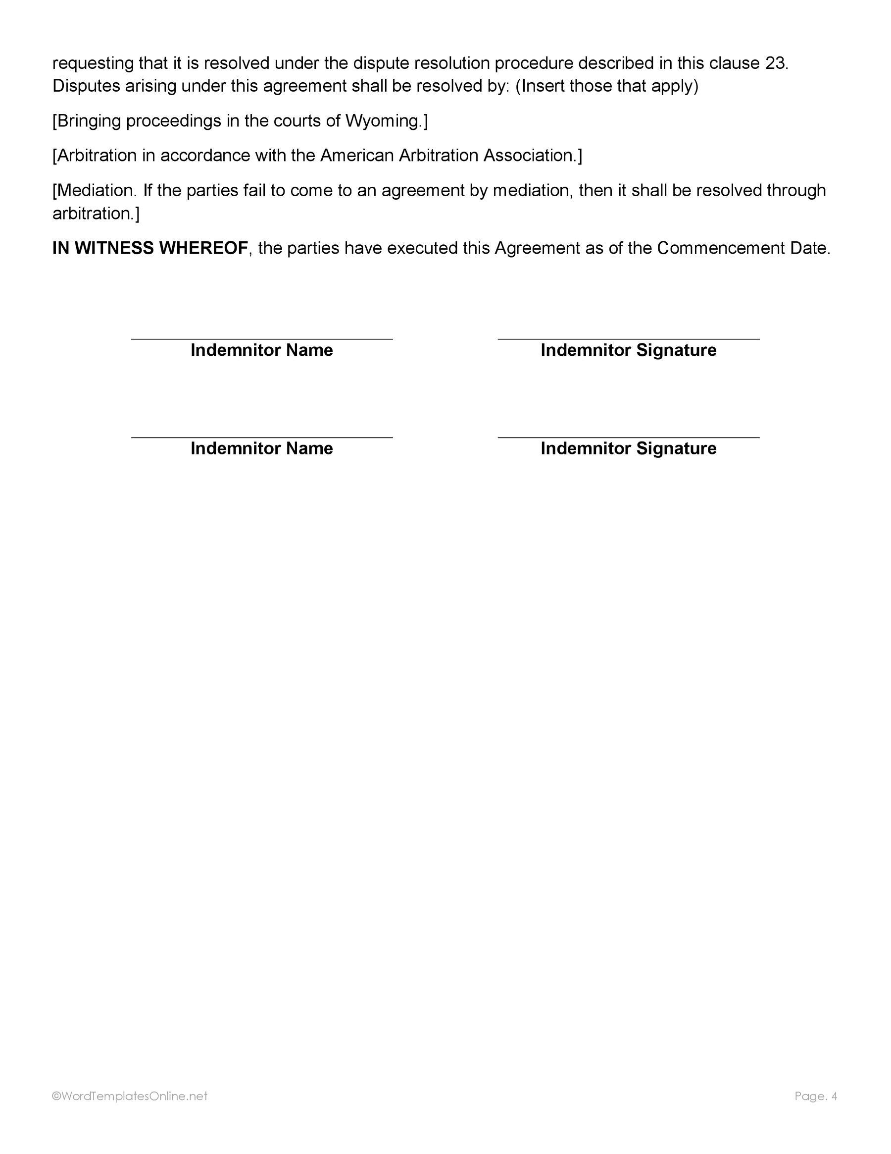 Simple hold harmless contract form in ms word