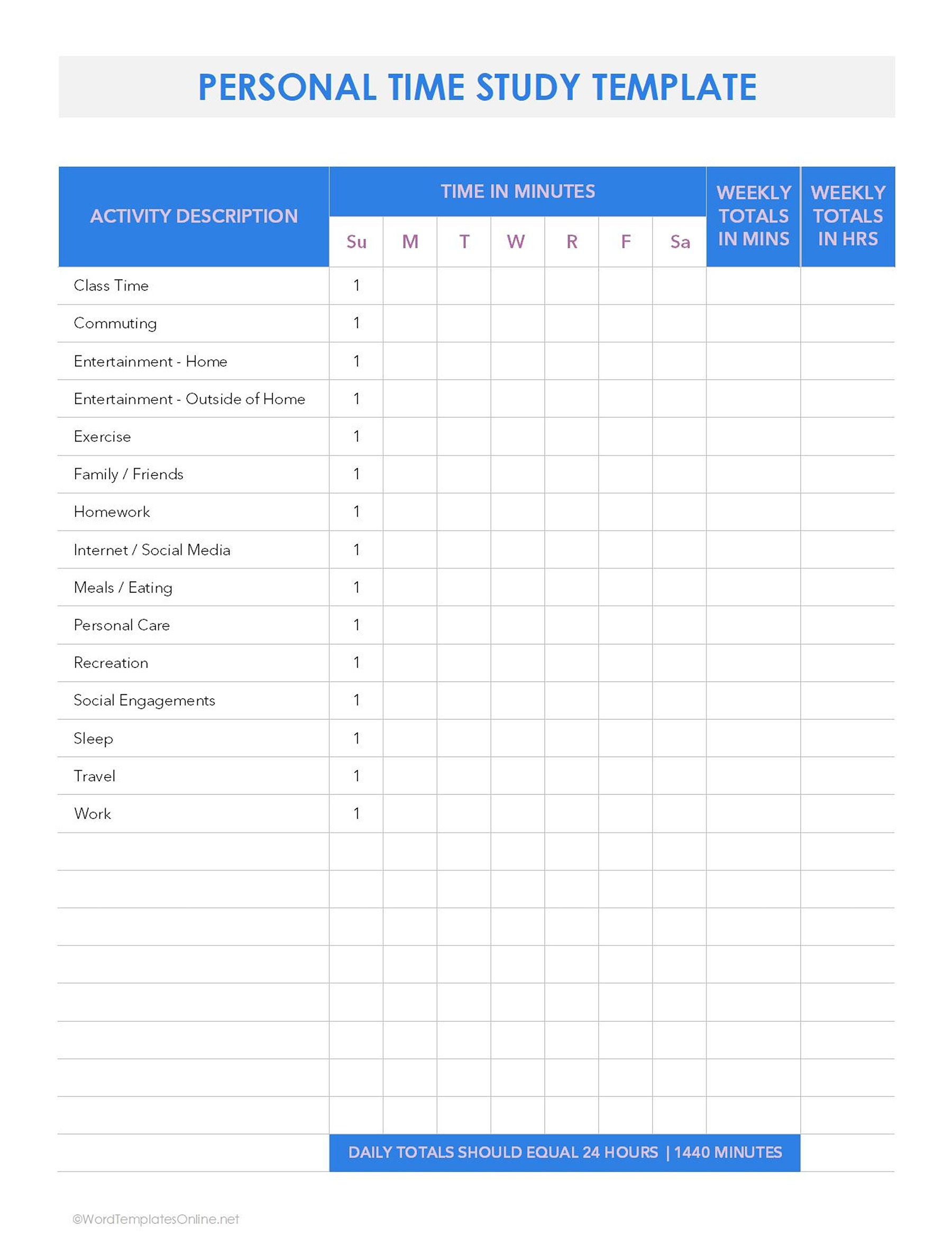 Printable Personal time study spreadsheet layout
