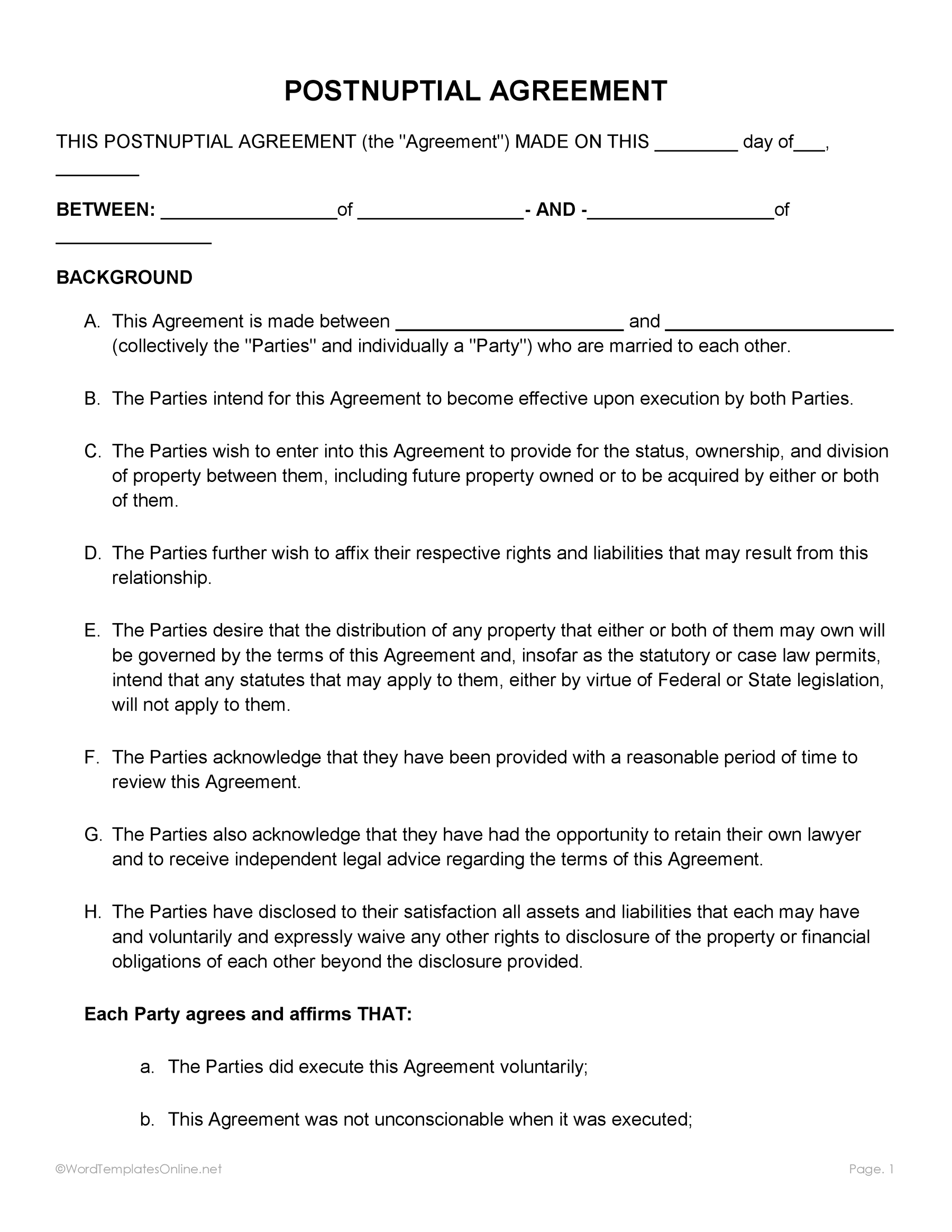 Editable post nuptial agreement Word format