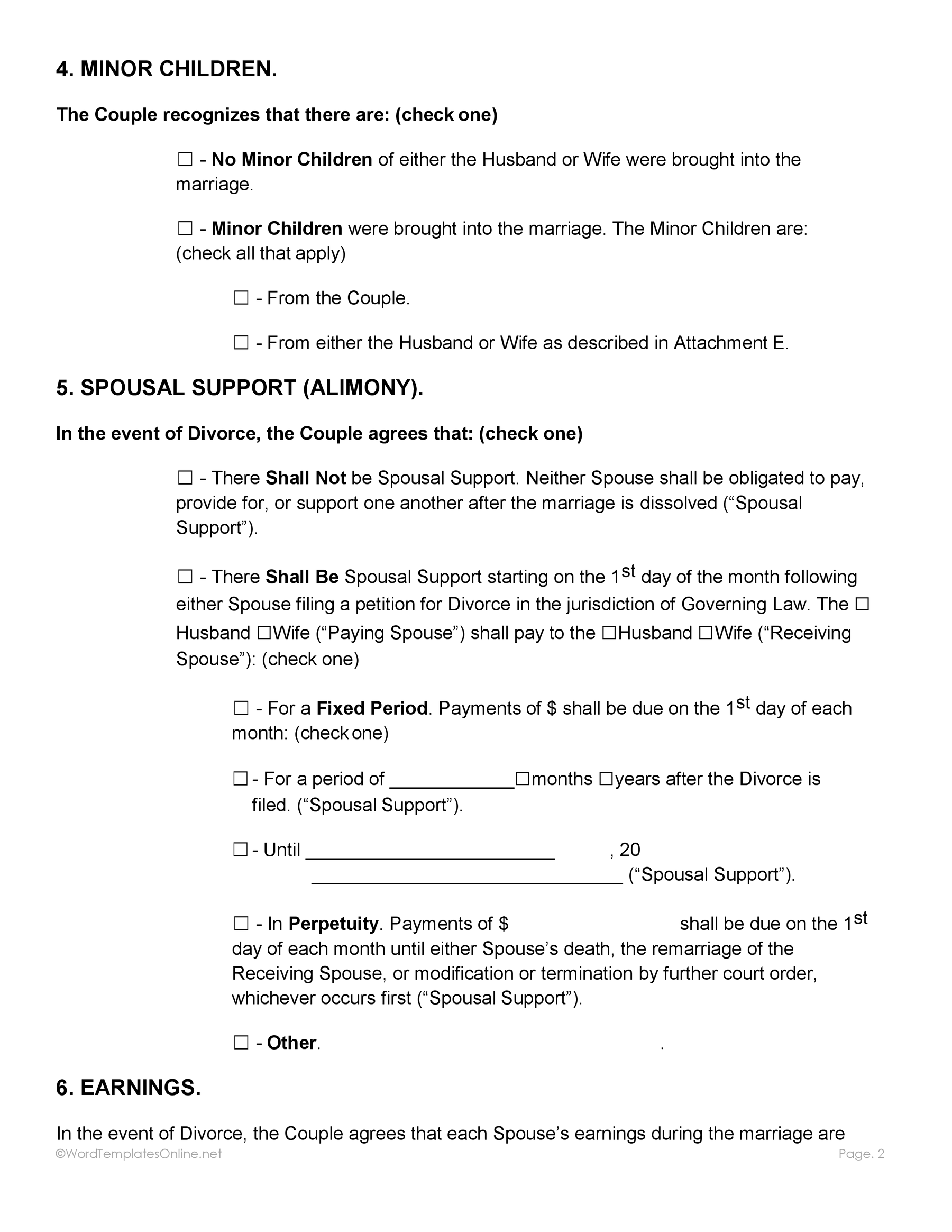 Customizable post nuptial agreement