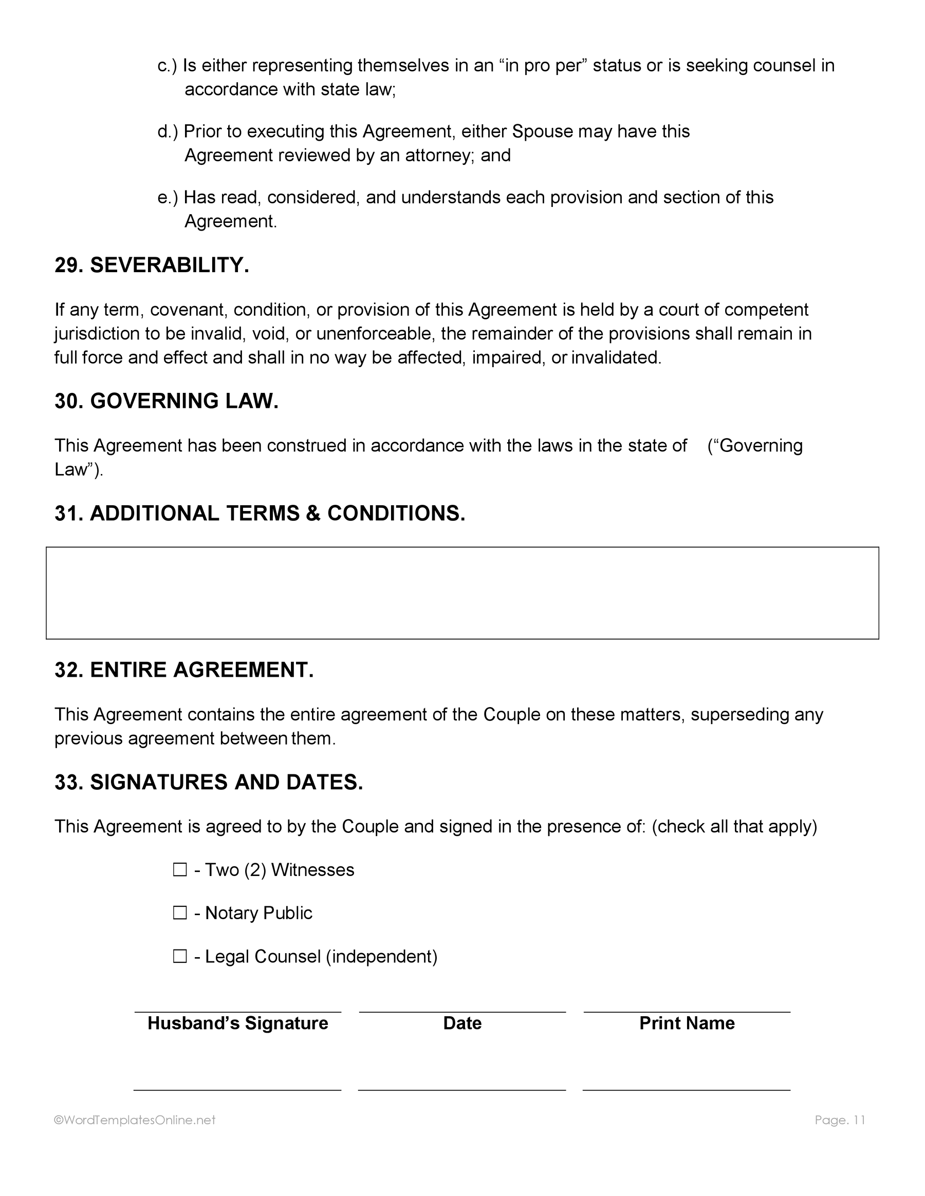 Standard post nuptial agreement format