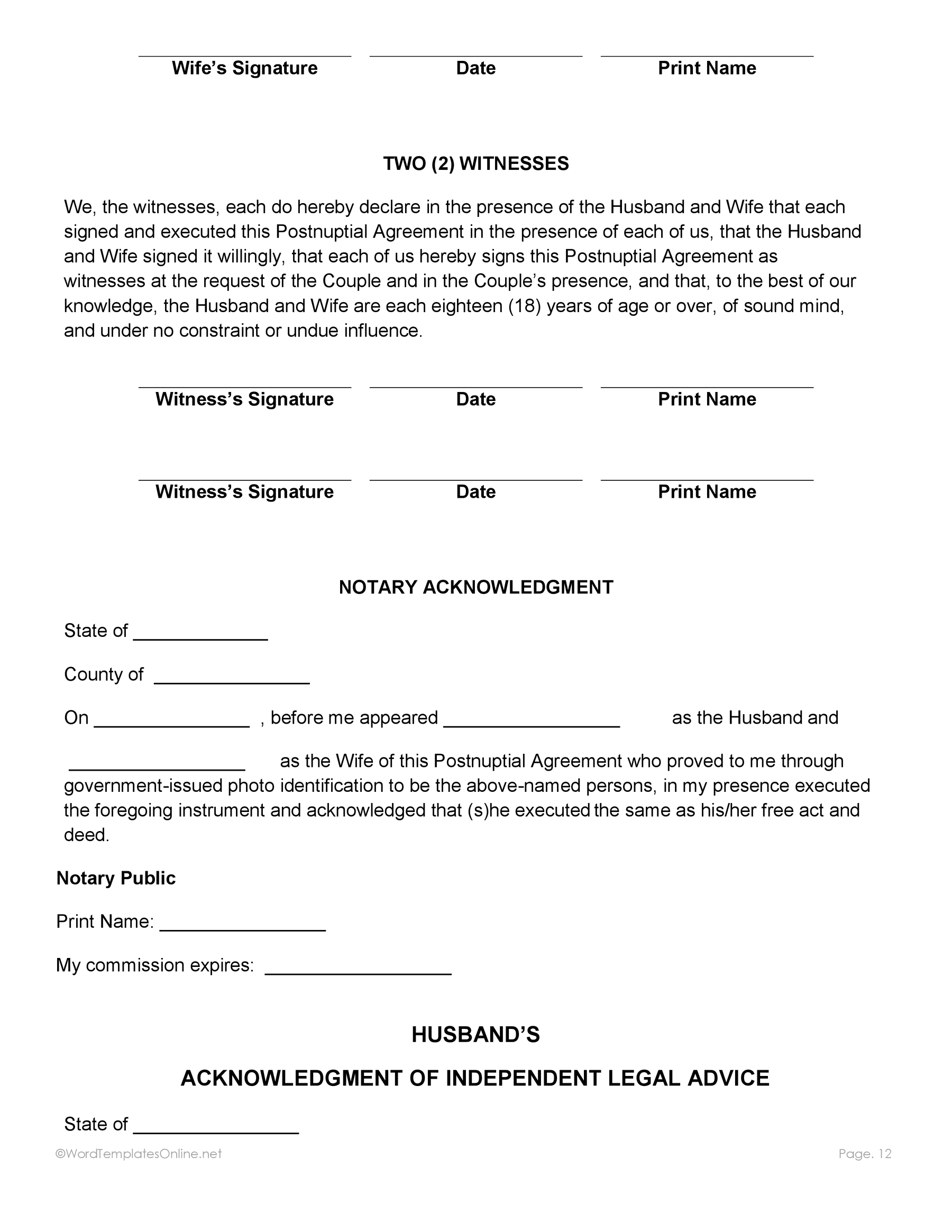 Couple post nuptial agreement sample form