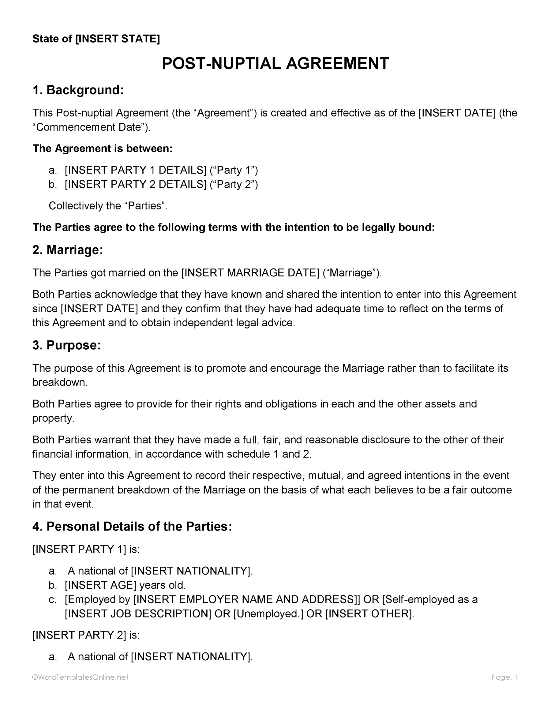 Post Nuptial Agreement free download in ms word