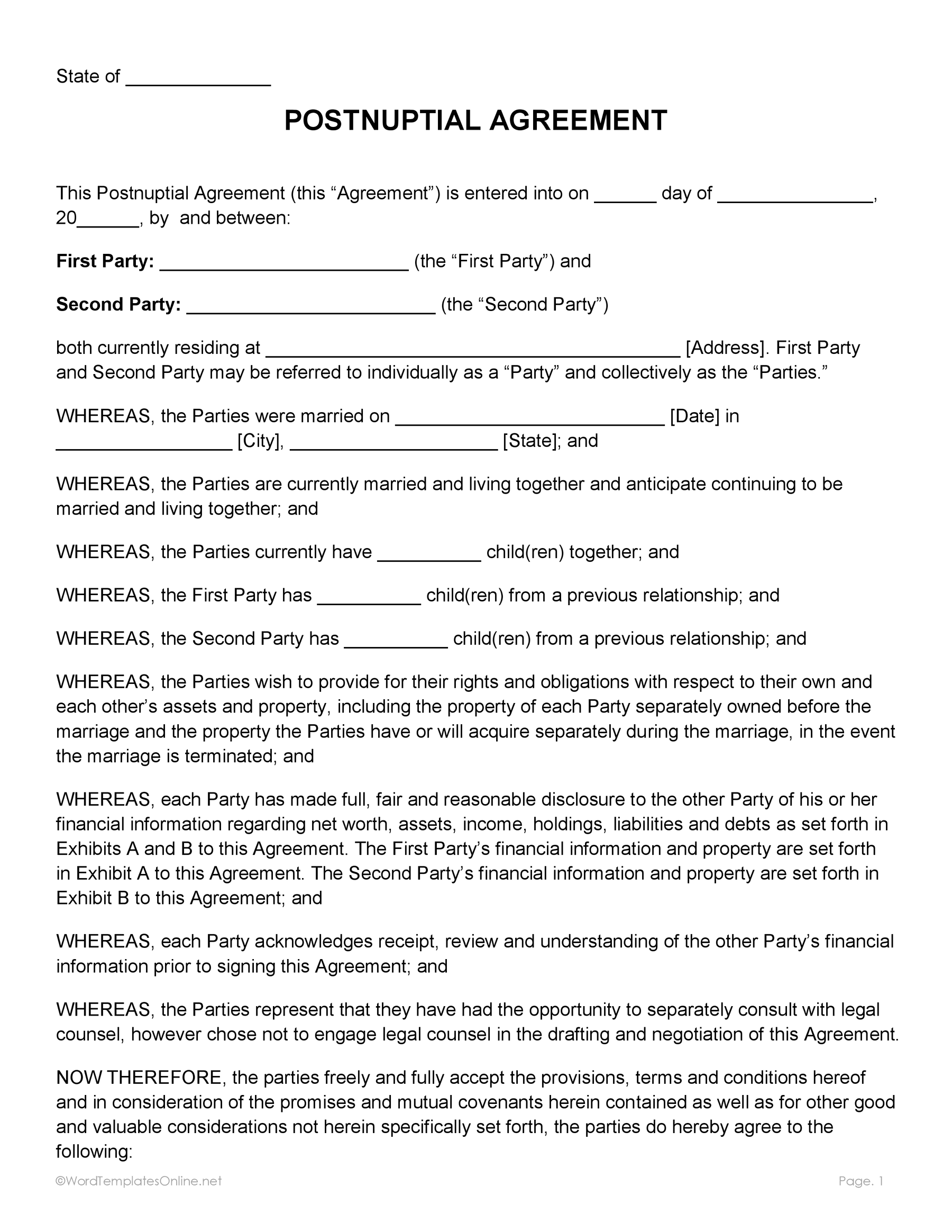 Post nuptial agreement in MS Word format