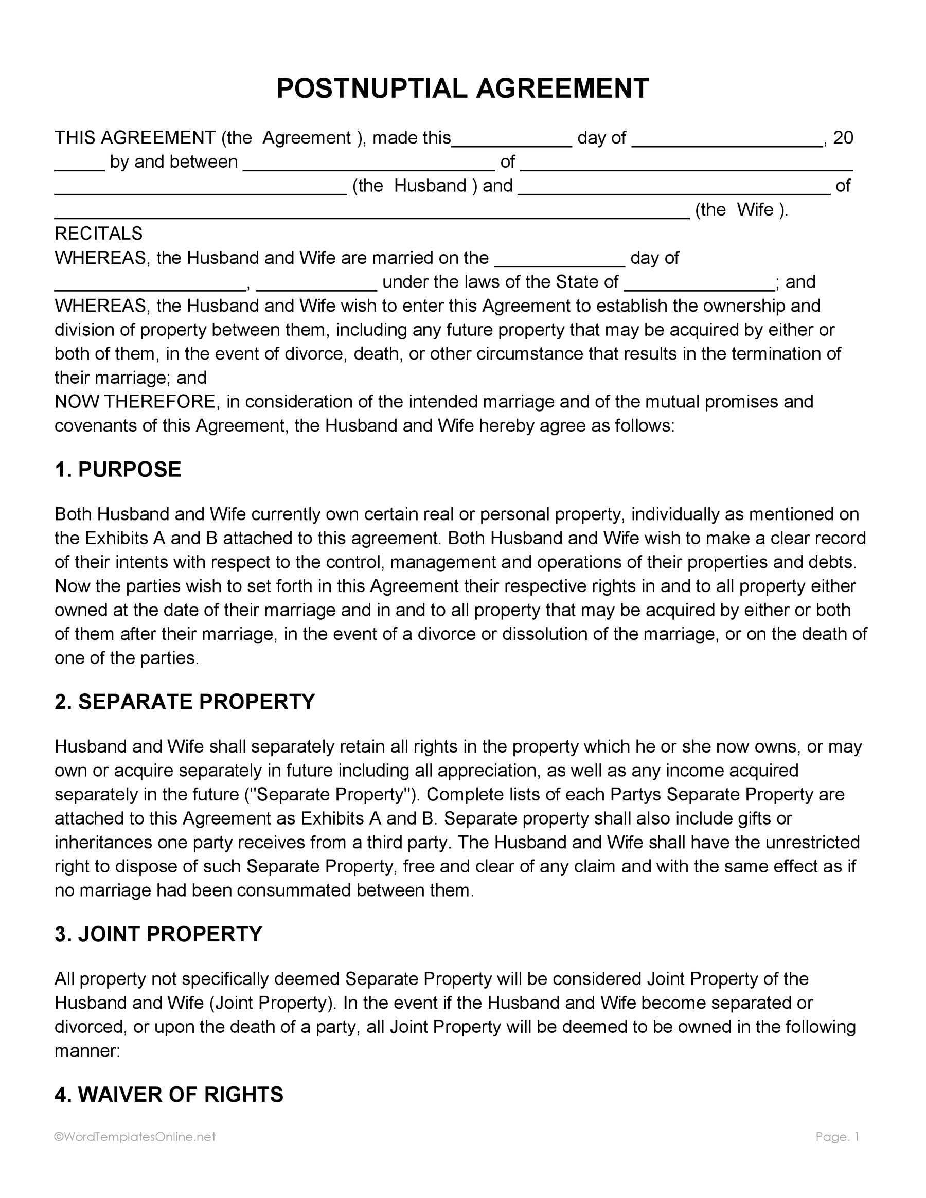 Legal post nuptial agreement Word document