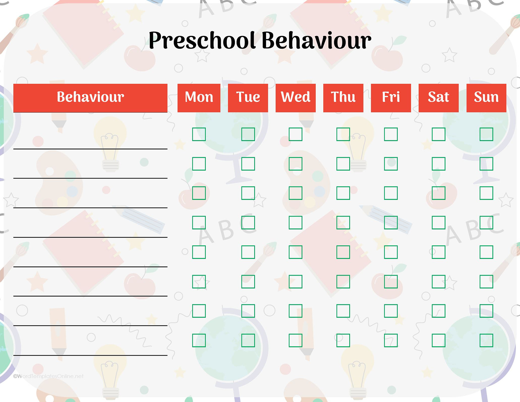 MS Word preschool behavior calendar template