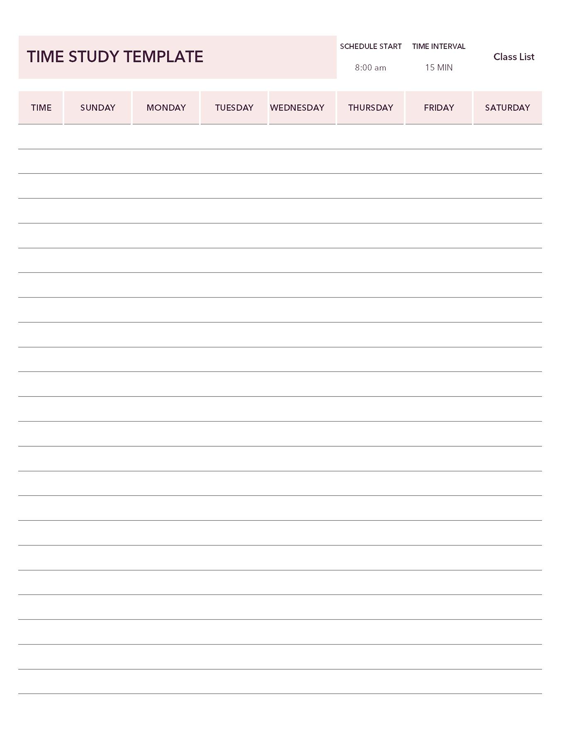 Printable time study sheet with columns