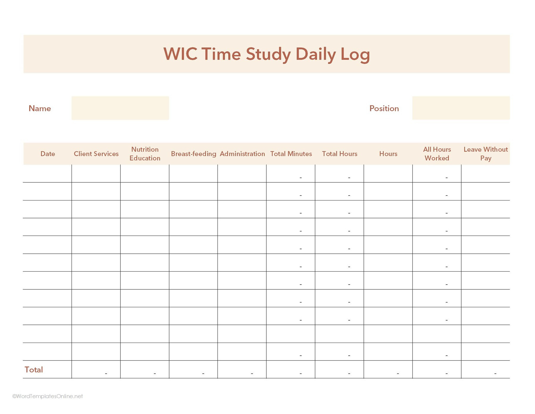 Simple WIC time study sheet for work analysis