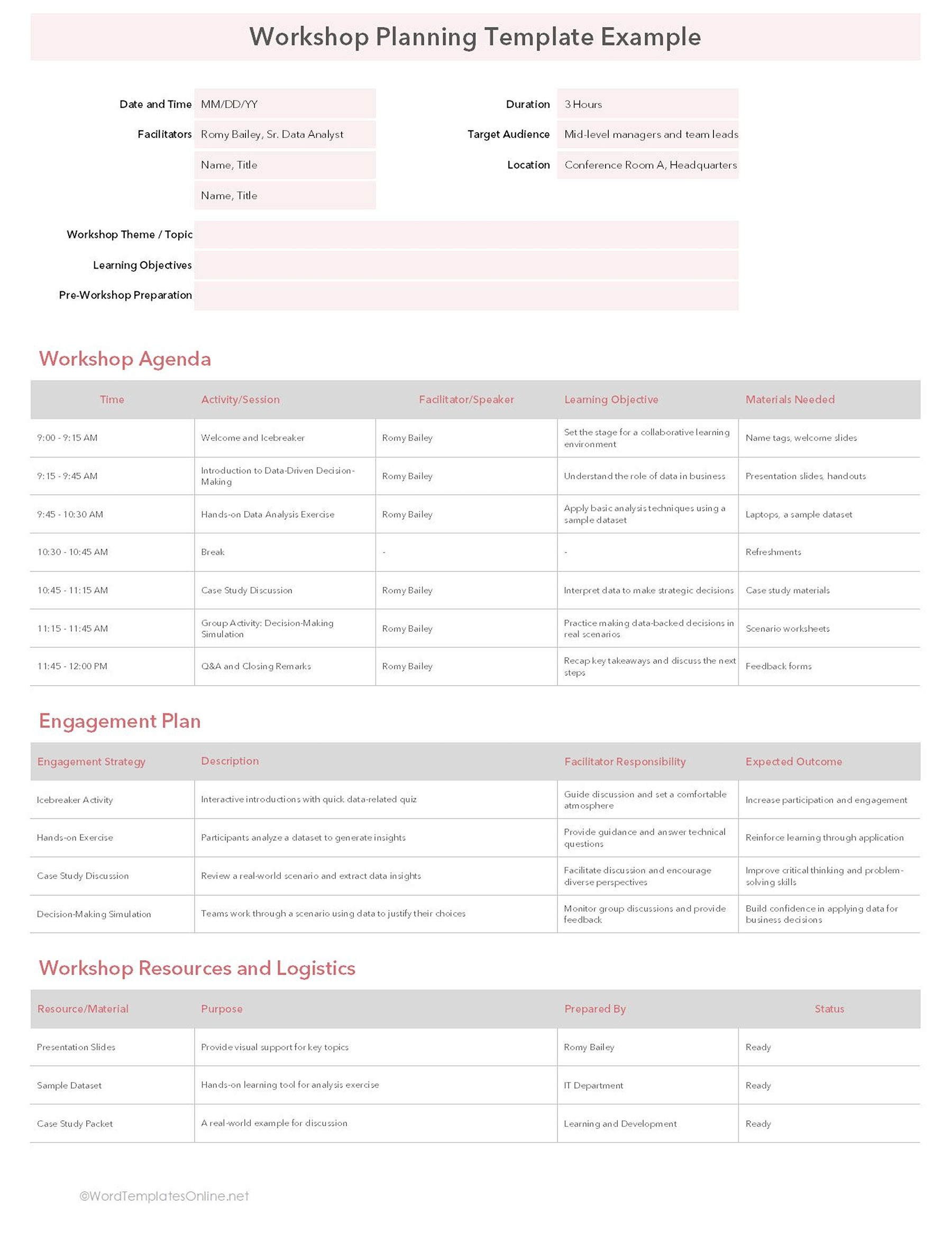 Straightforward Excel Workshop training plan layout