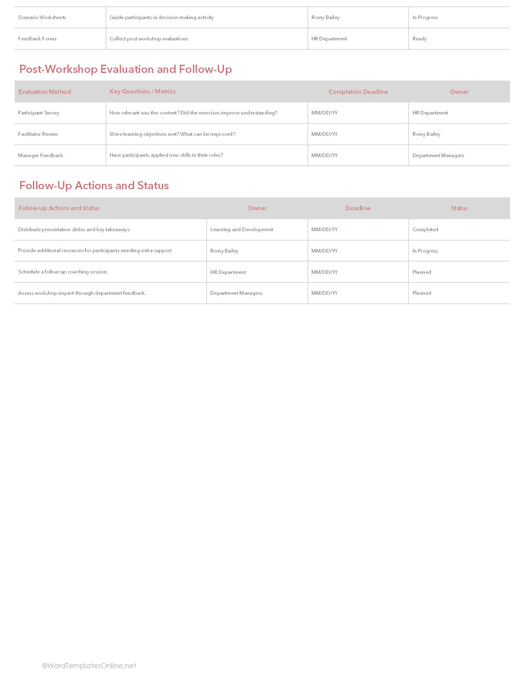 Editable but simple workshop training sheet Exce