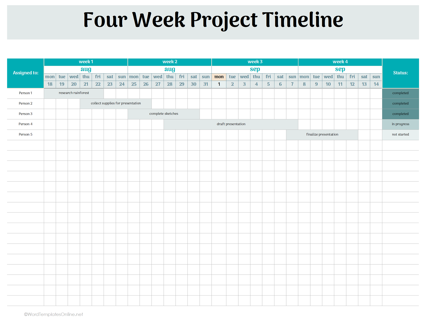 Four Week Project Timeline Template in excel format