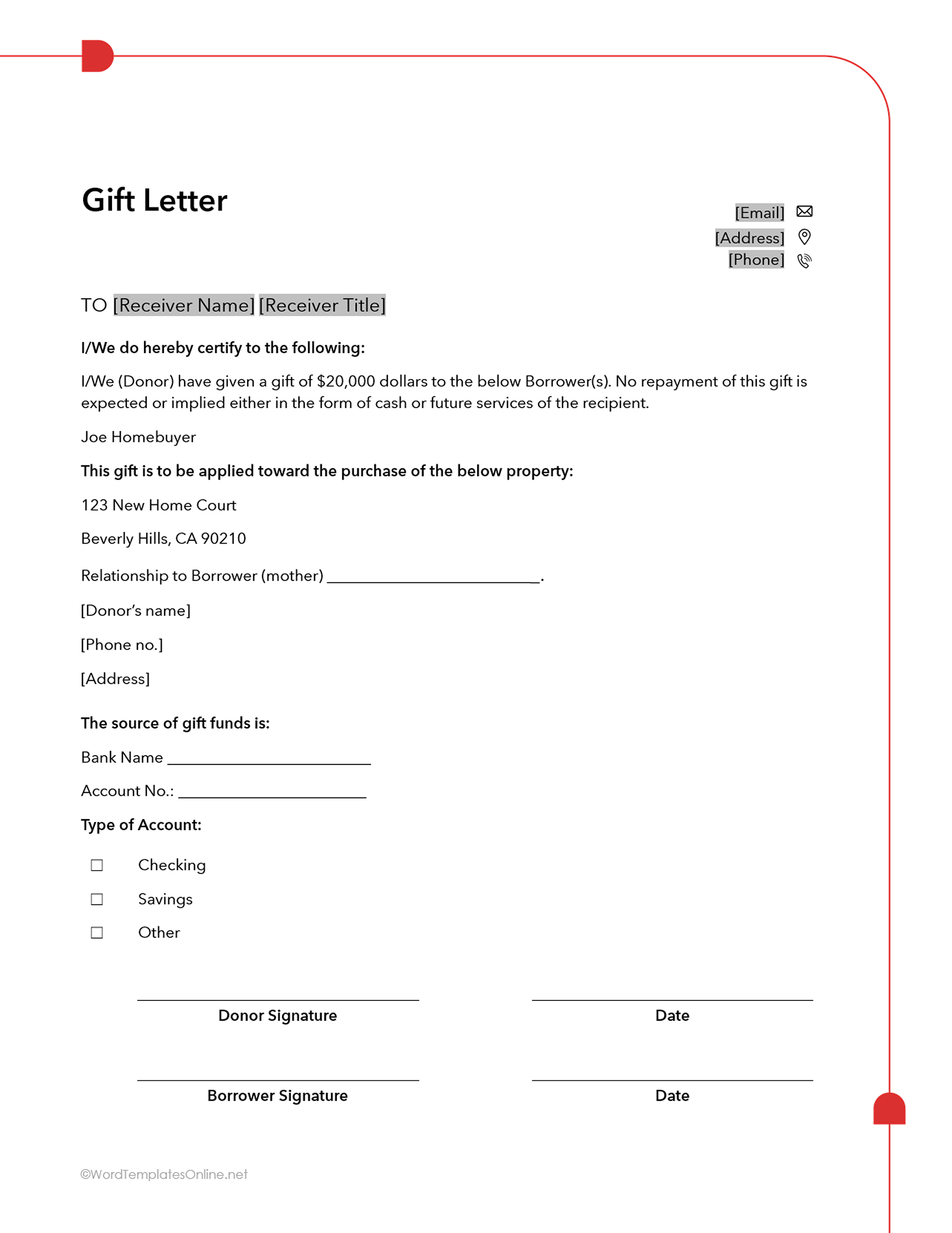 Gift letter template in MS Word free download