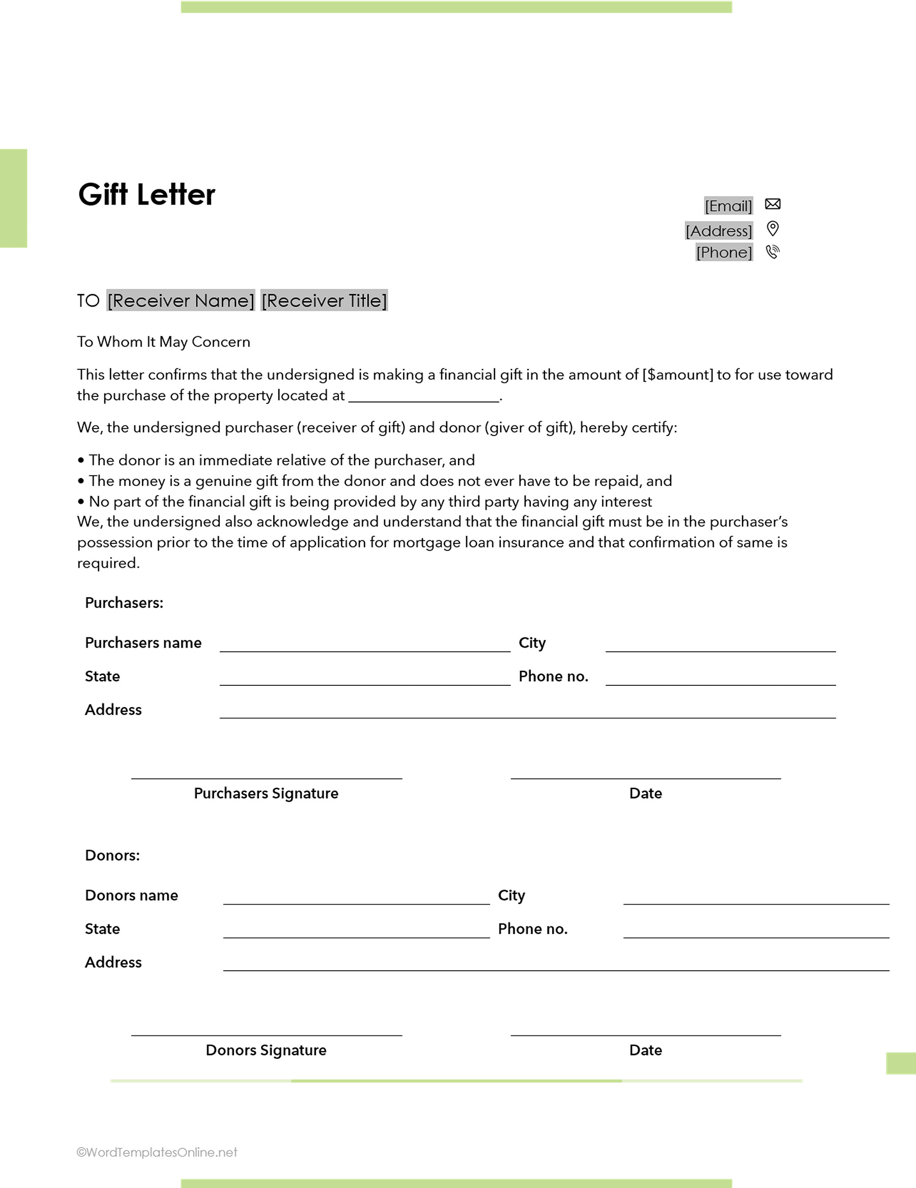 Printable gift letter Word document