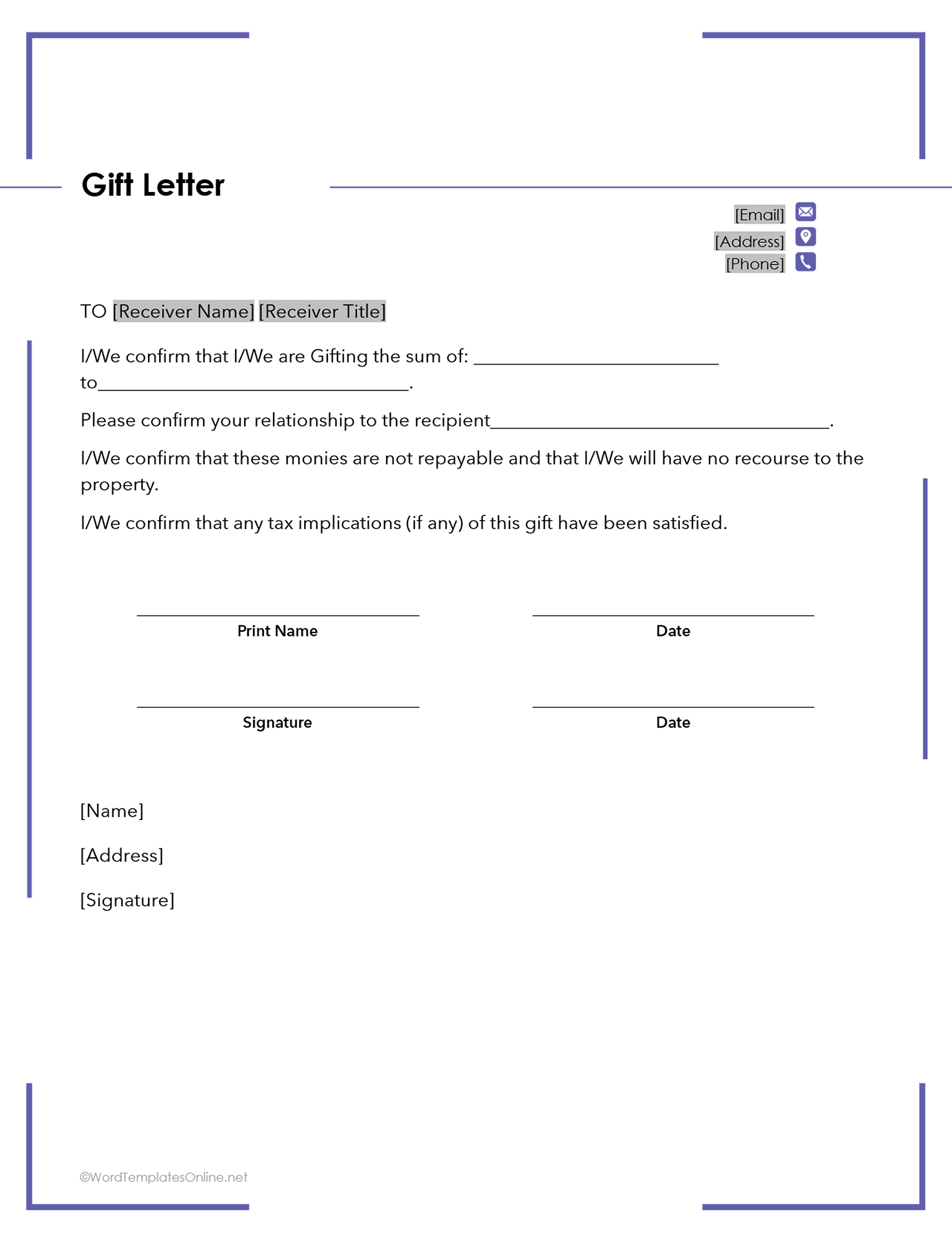 Sample gift letter format in Word