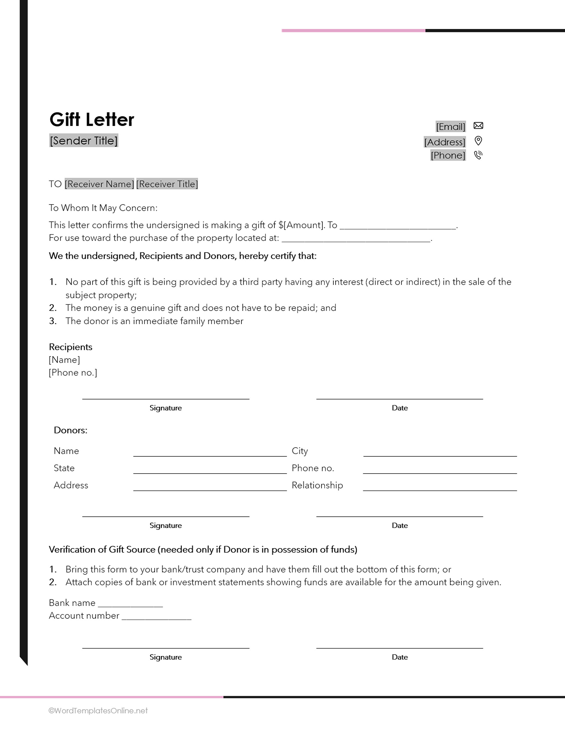 Editable gift letter template in Word