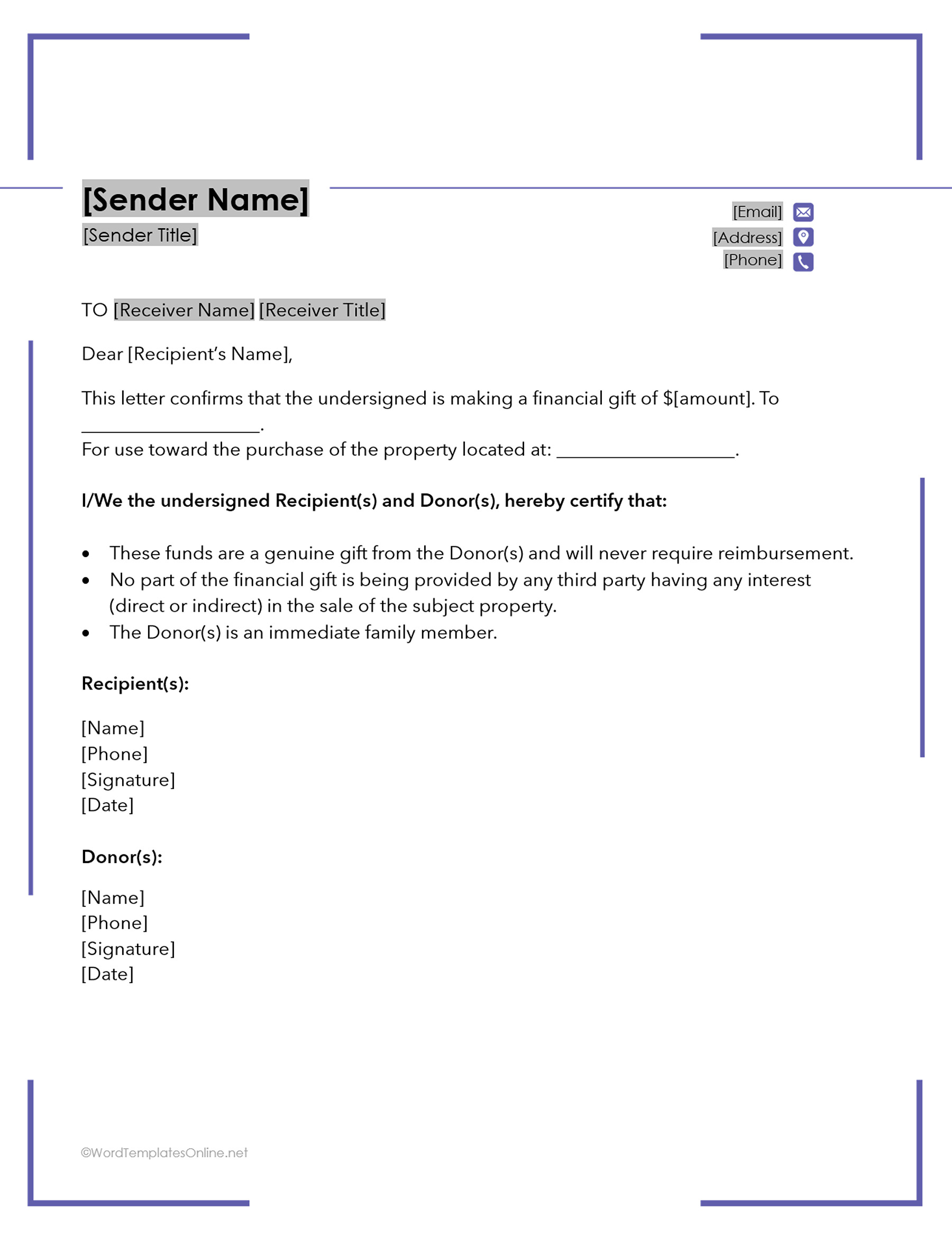 Gift letter form in Microsoft Word