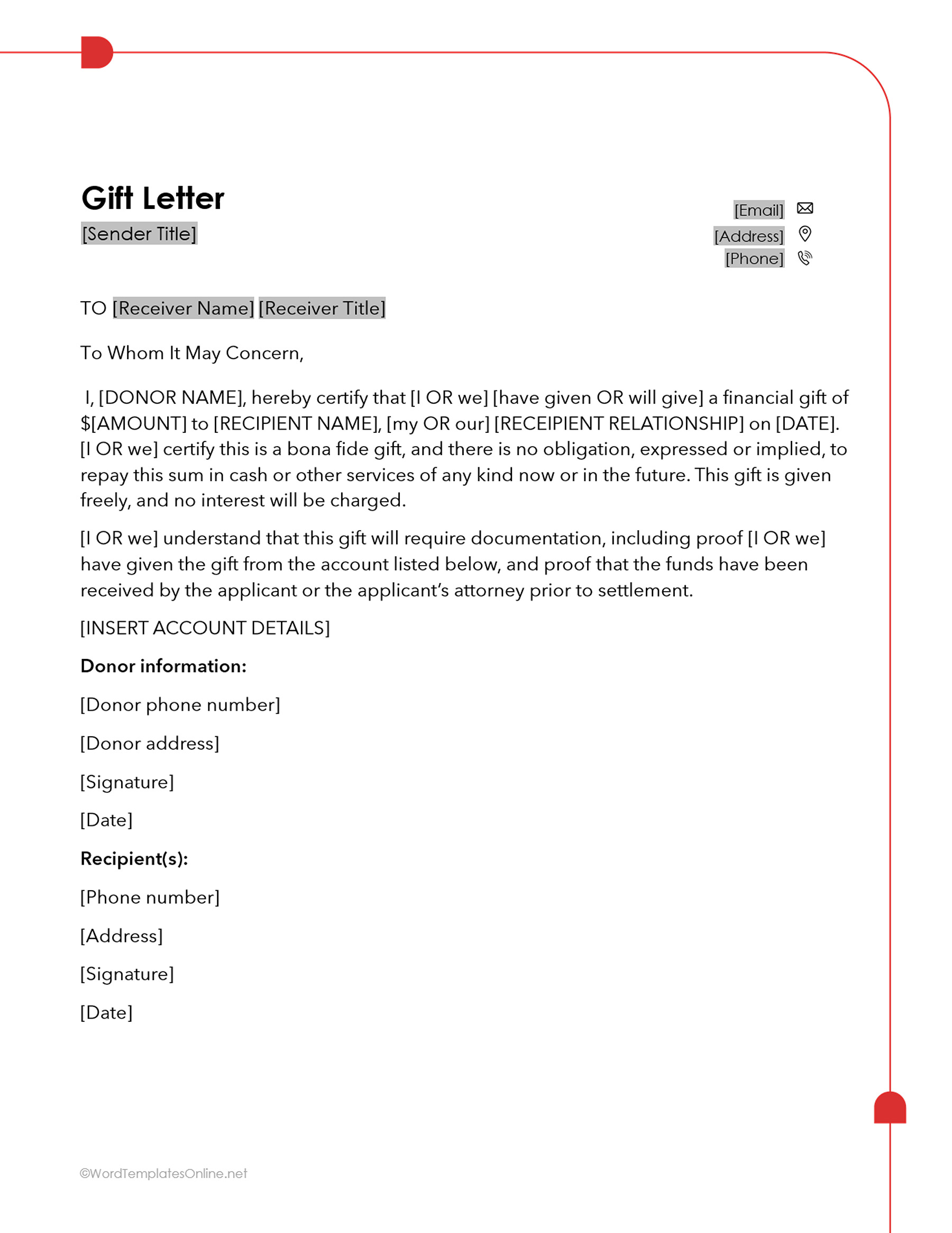 Gift letter example in Word format