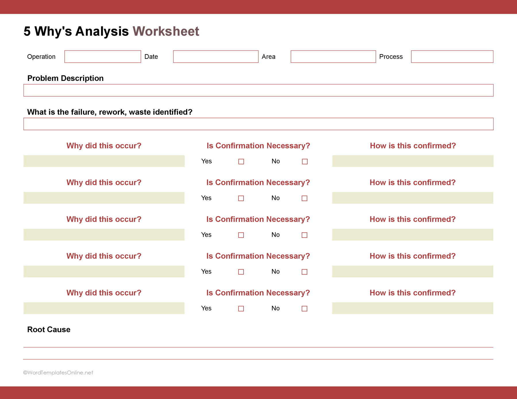 MS Word 5 Whys problem analysis template free
