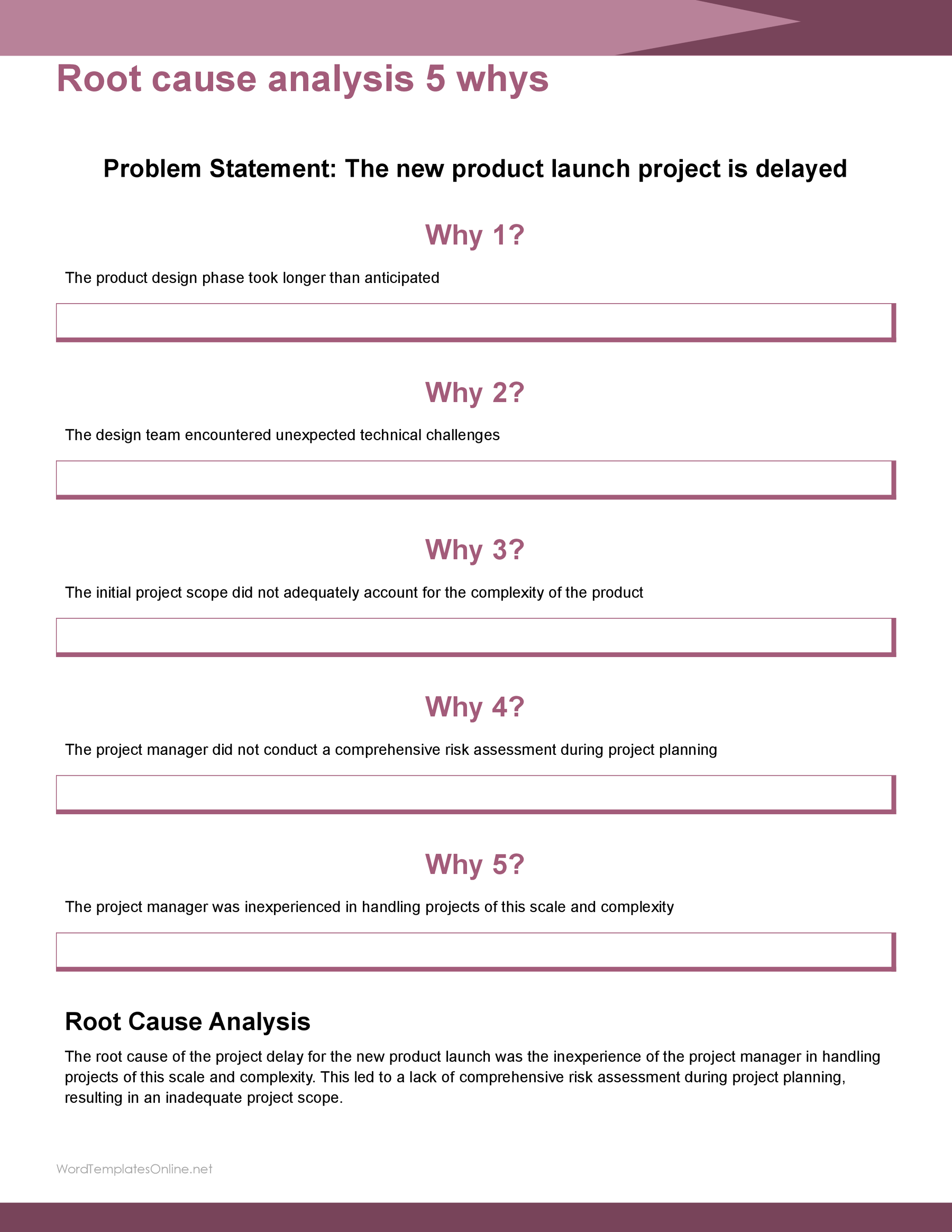 Basic 5 Whys analysis template Word document