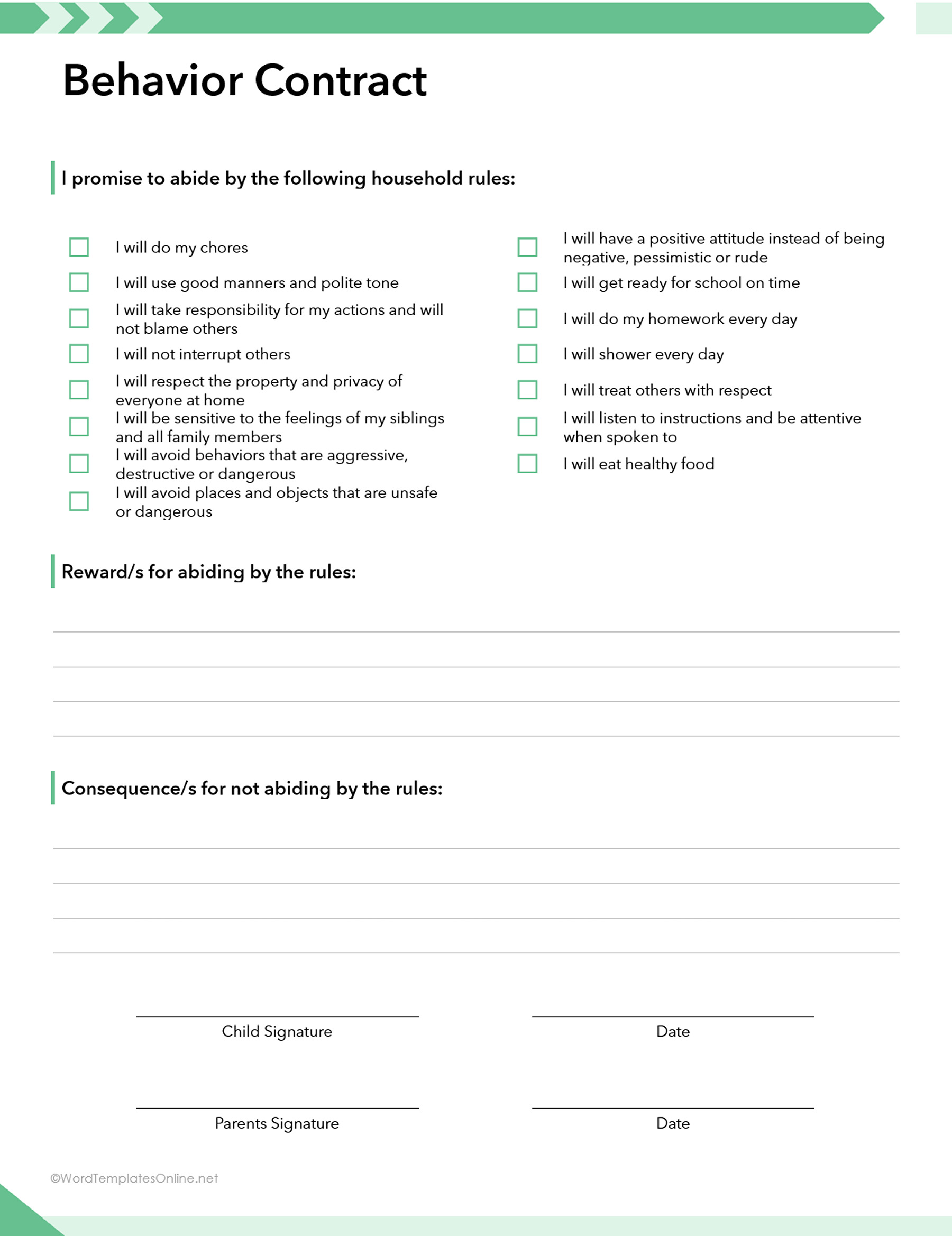 editable behavior contract template word format