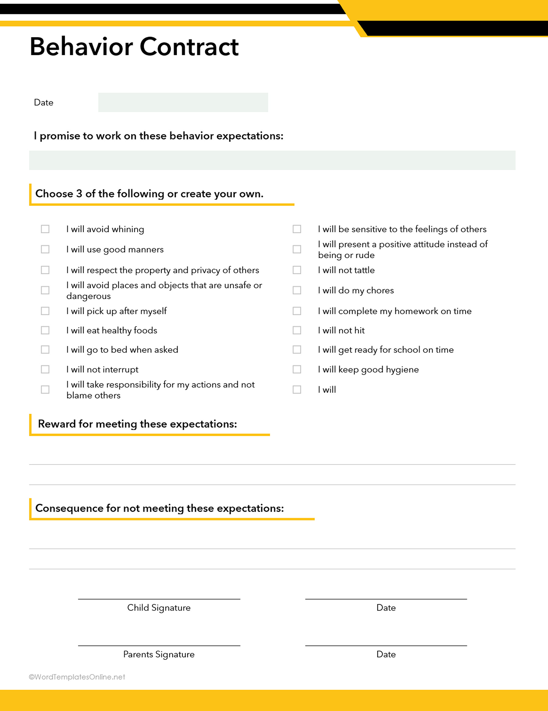 free download behavior contract word document