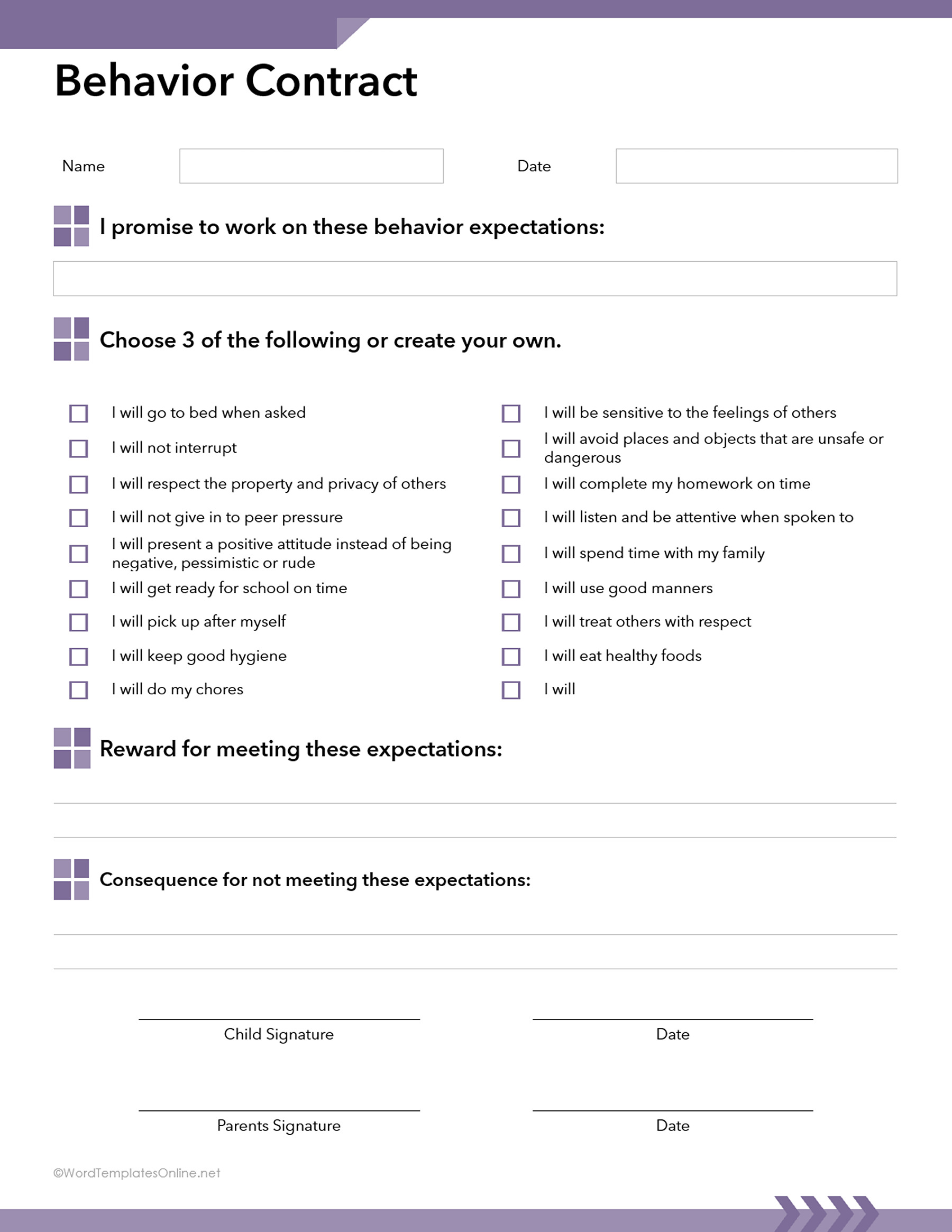 behavior agreement contract word doc template