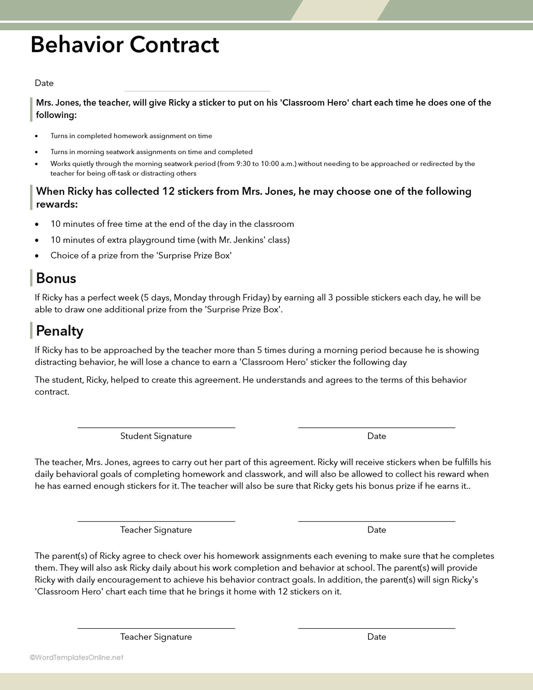 free printable behavior contract form word