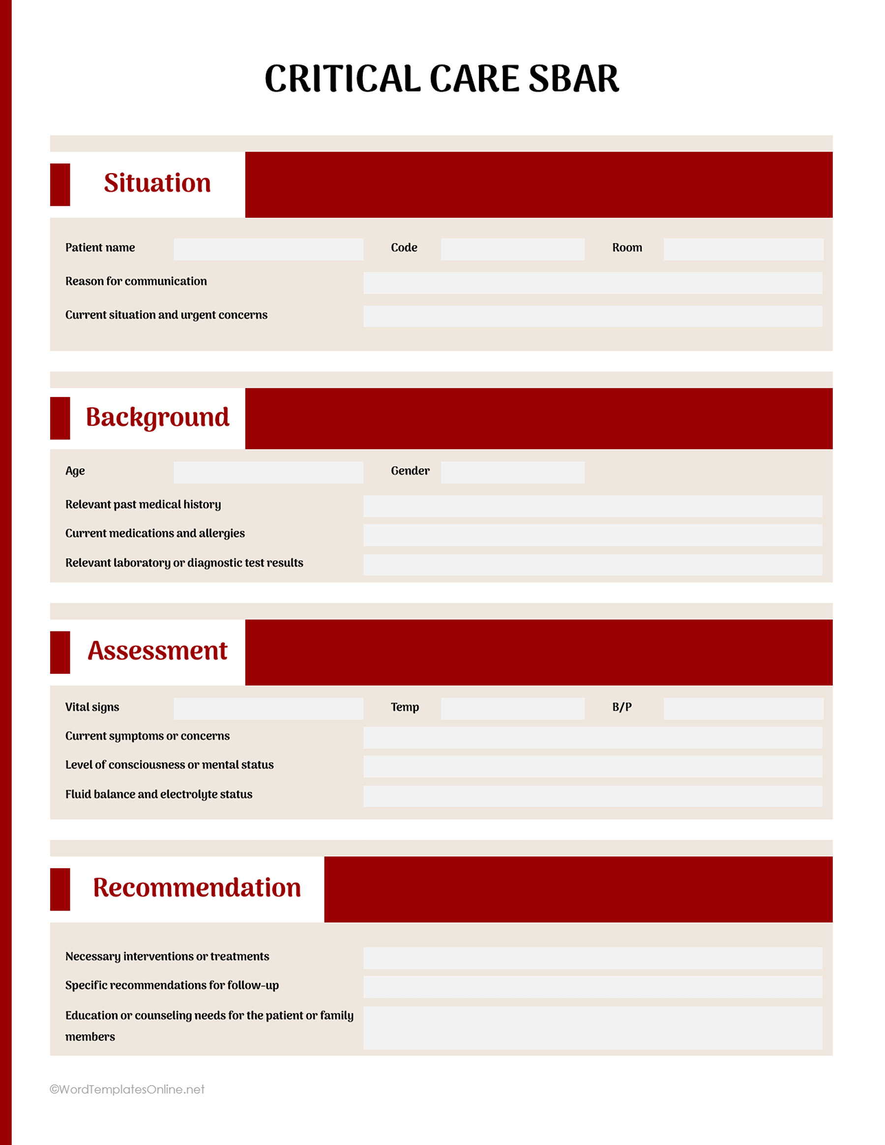Critical care sbar template IN WORD FORMAT