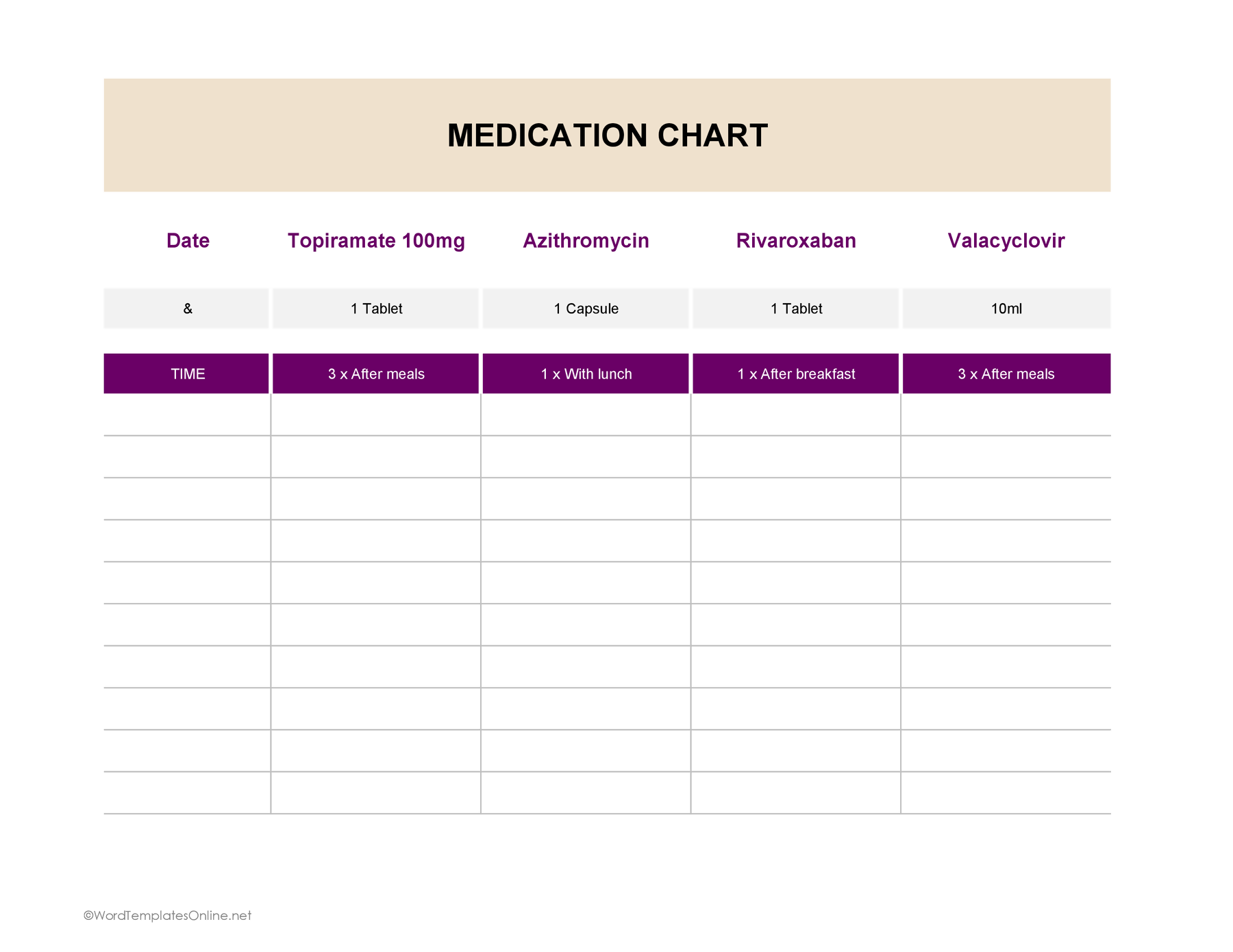 Printable medication log sheet Excel format