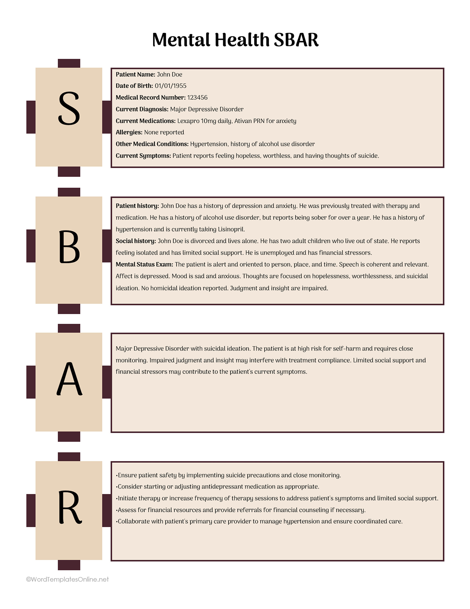 mental health sbar template free downloadable