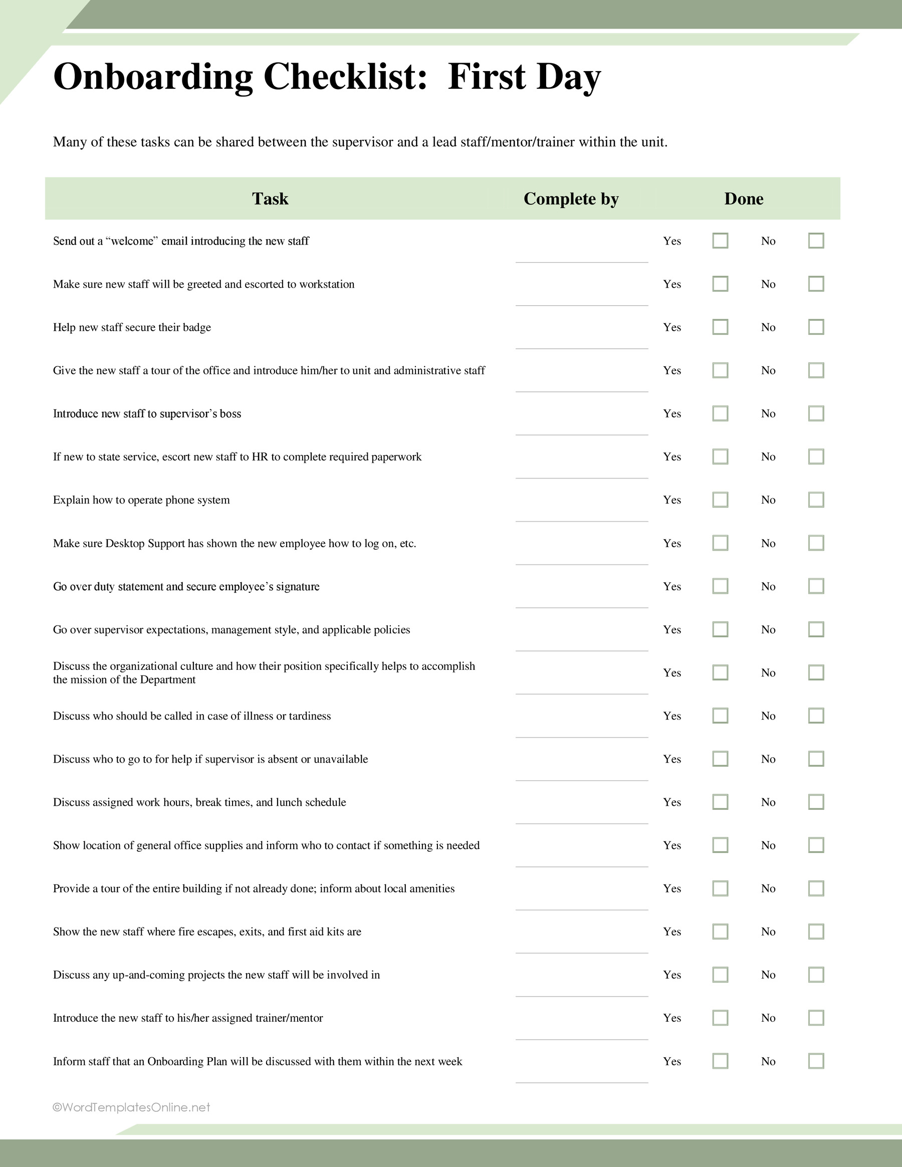Onboarding Checklist first day in ms word