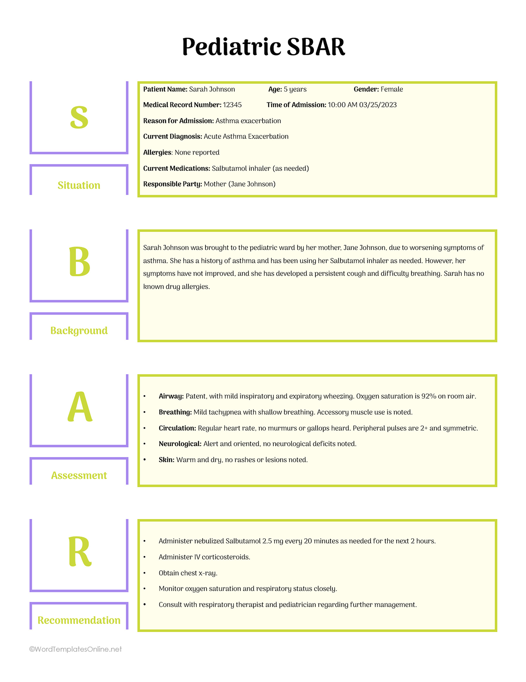 Pediatric sbar template IN MS WORD