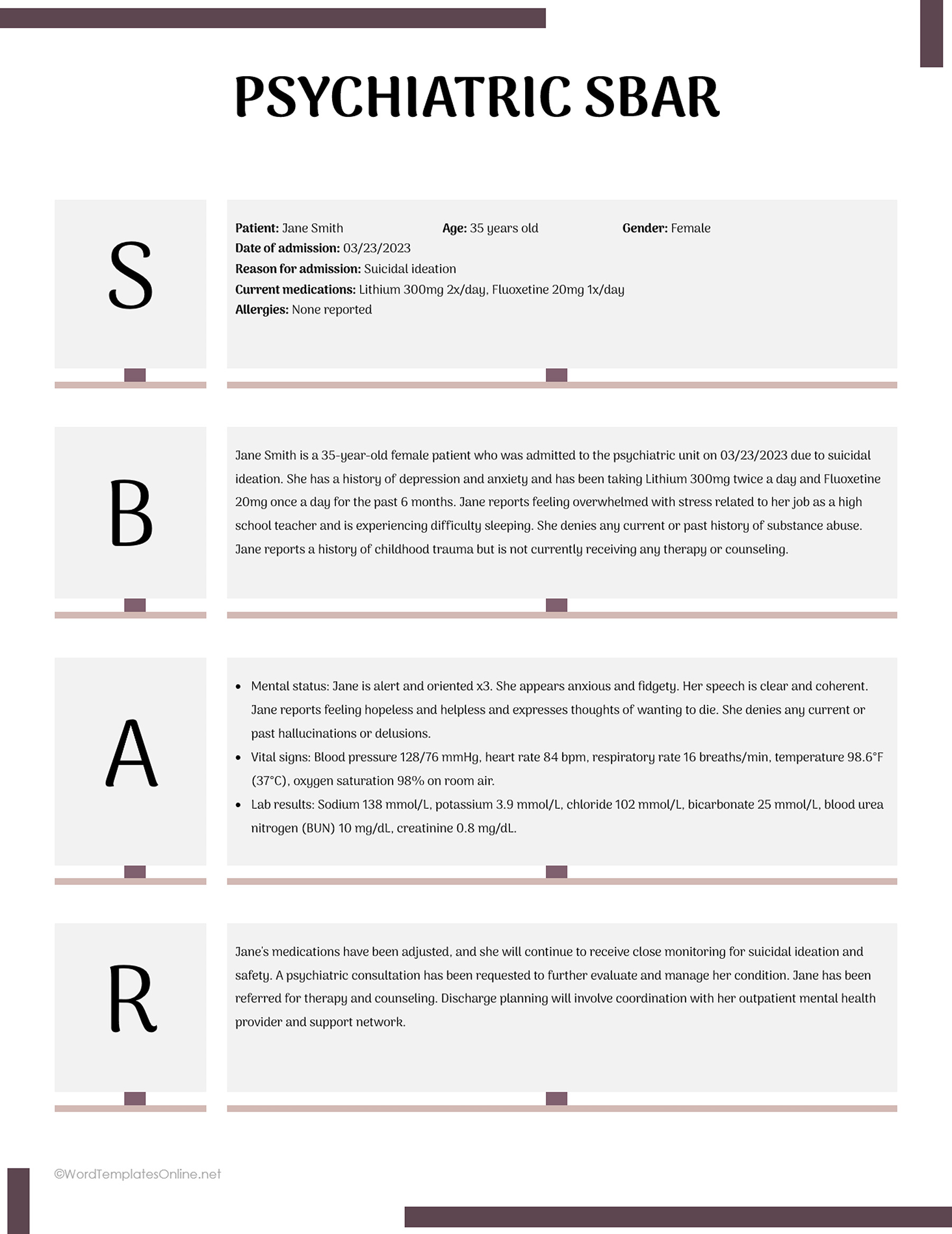 Editable Psychiatric sbar template