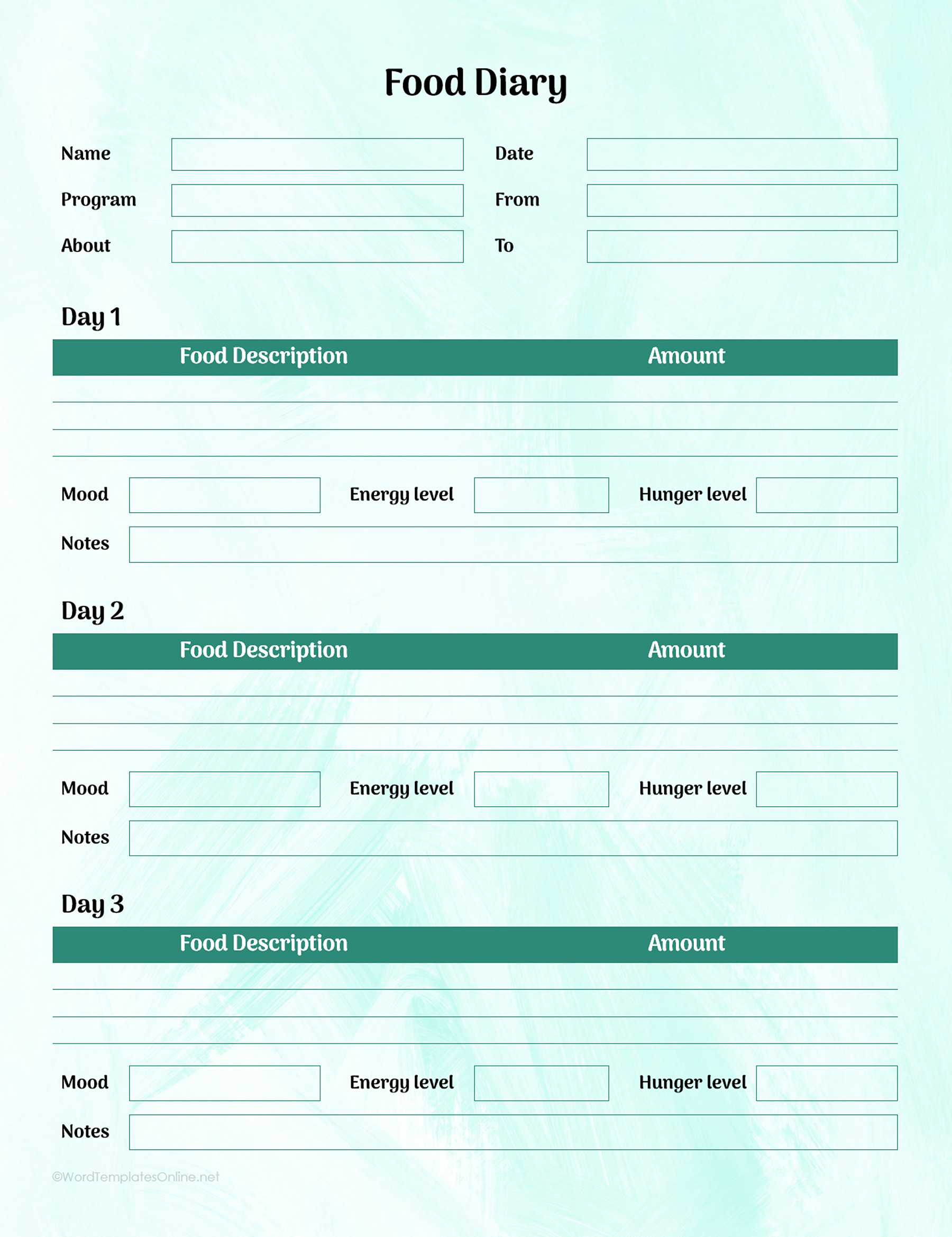 Printable food diary template in MS Word