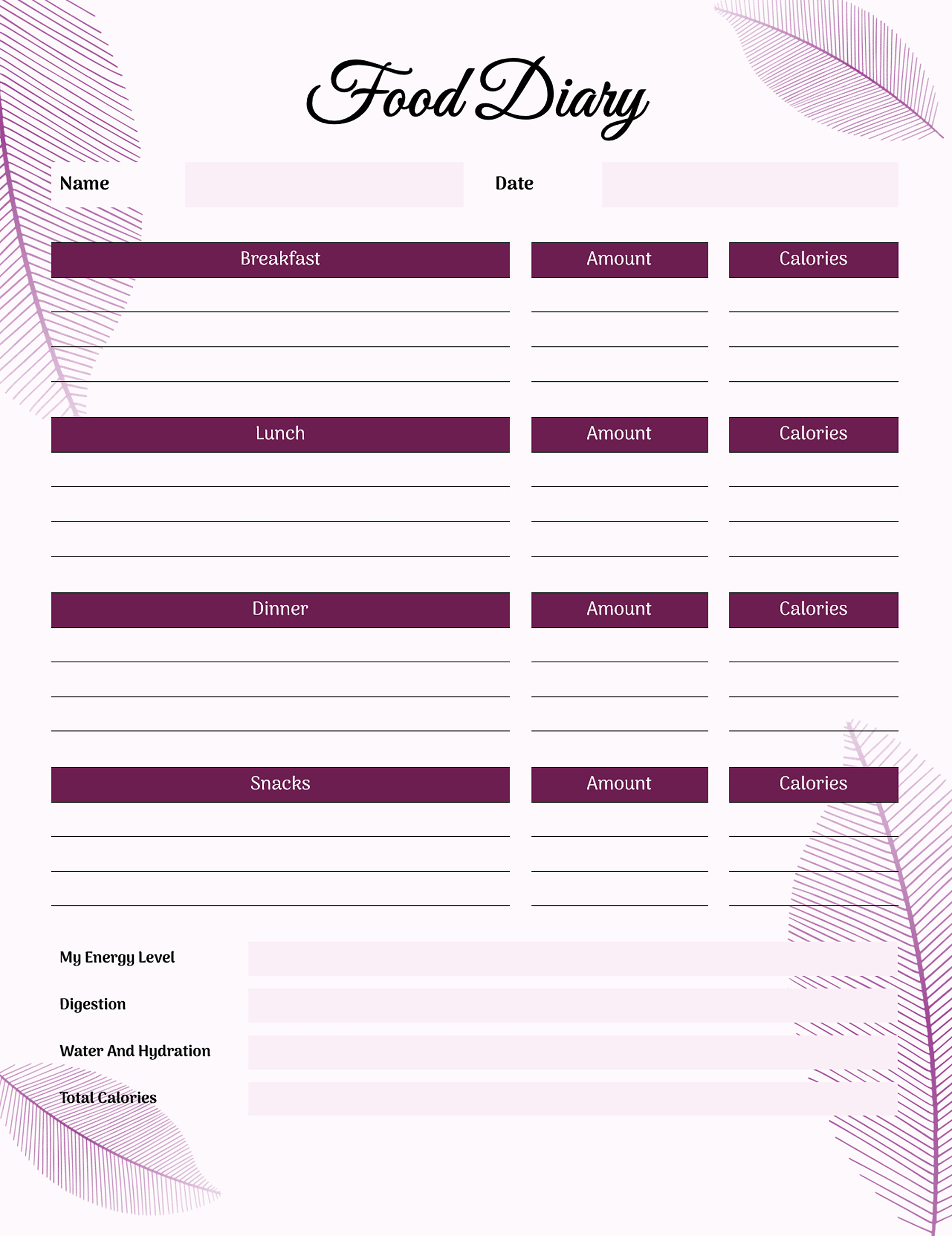 Simple food log template in Microsoft Word