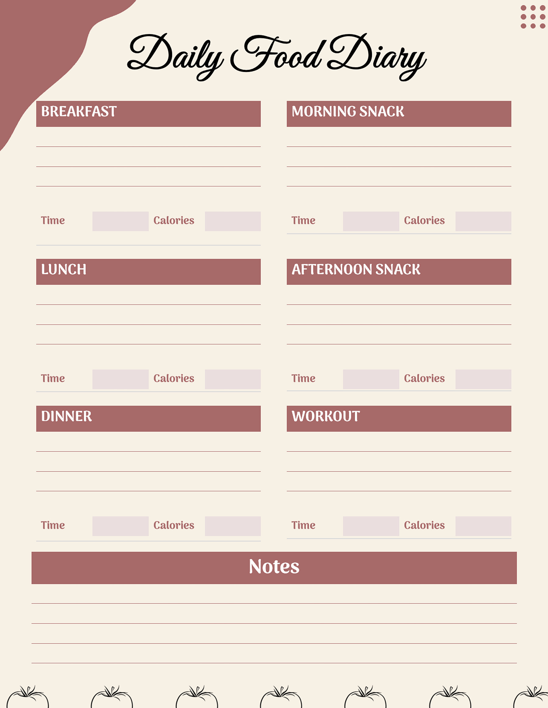 Daily food log template in Microsoft Word