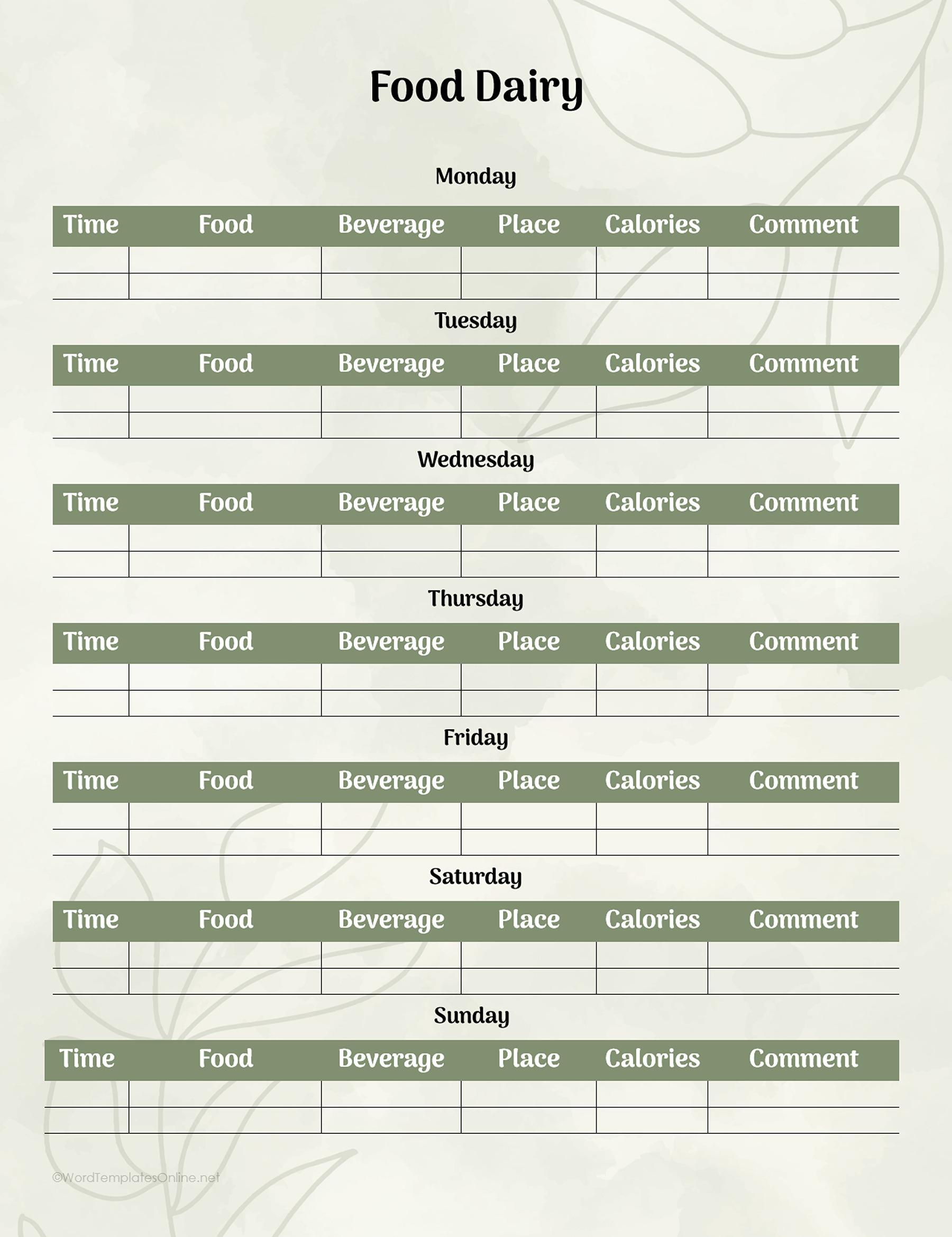 food diary free Word document