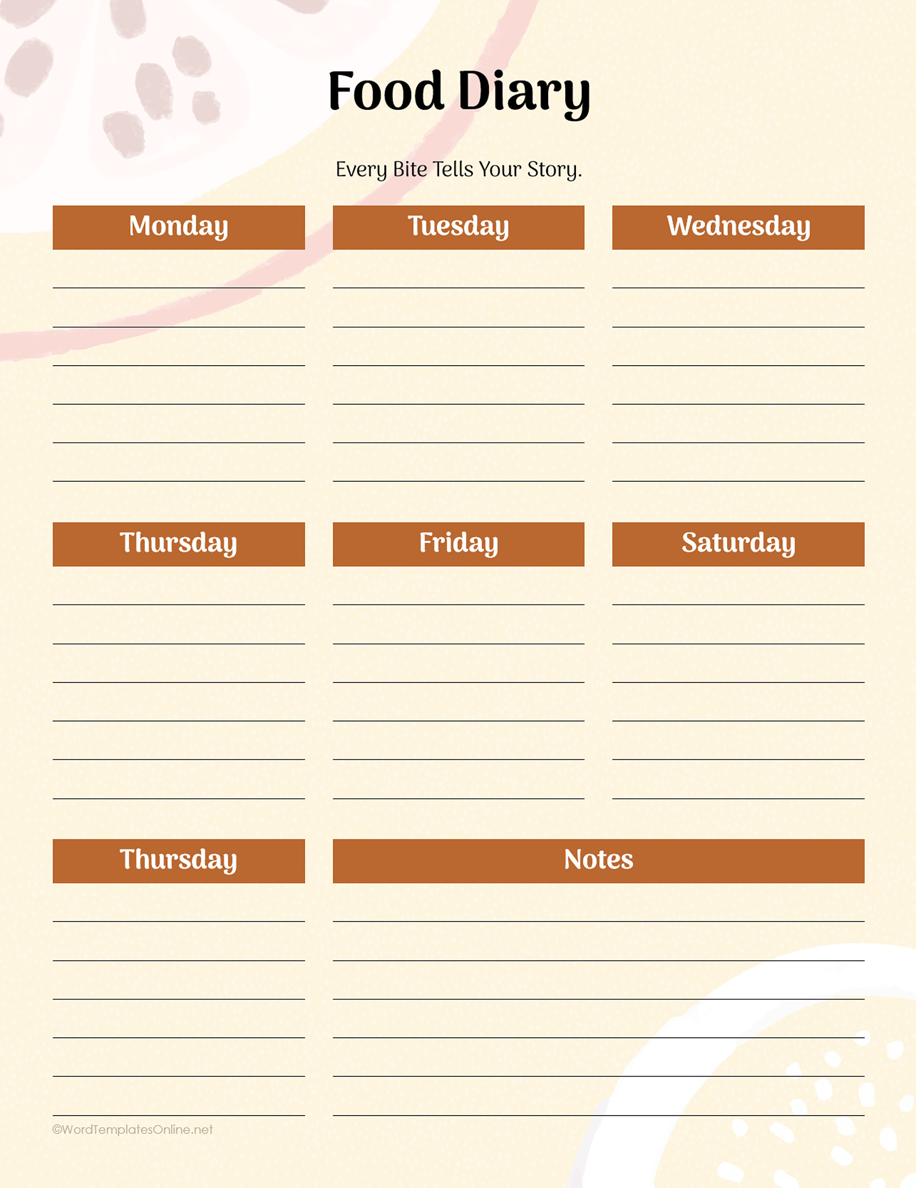 Printable food diary template in MS Word