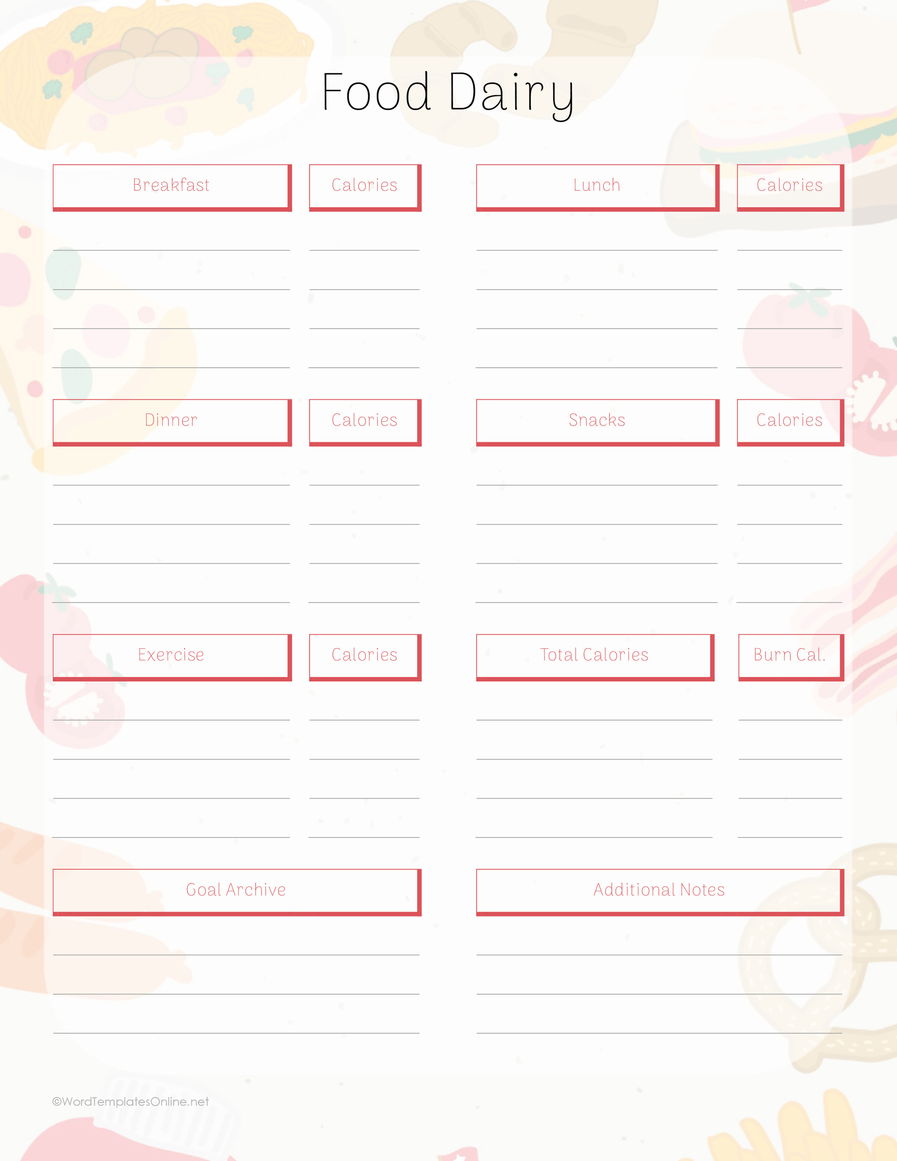 Food Diary Template in MS Word Free Download Editable