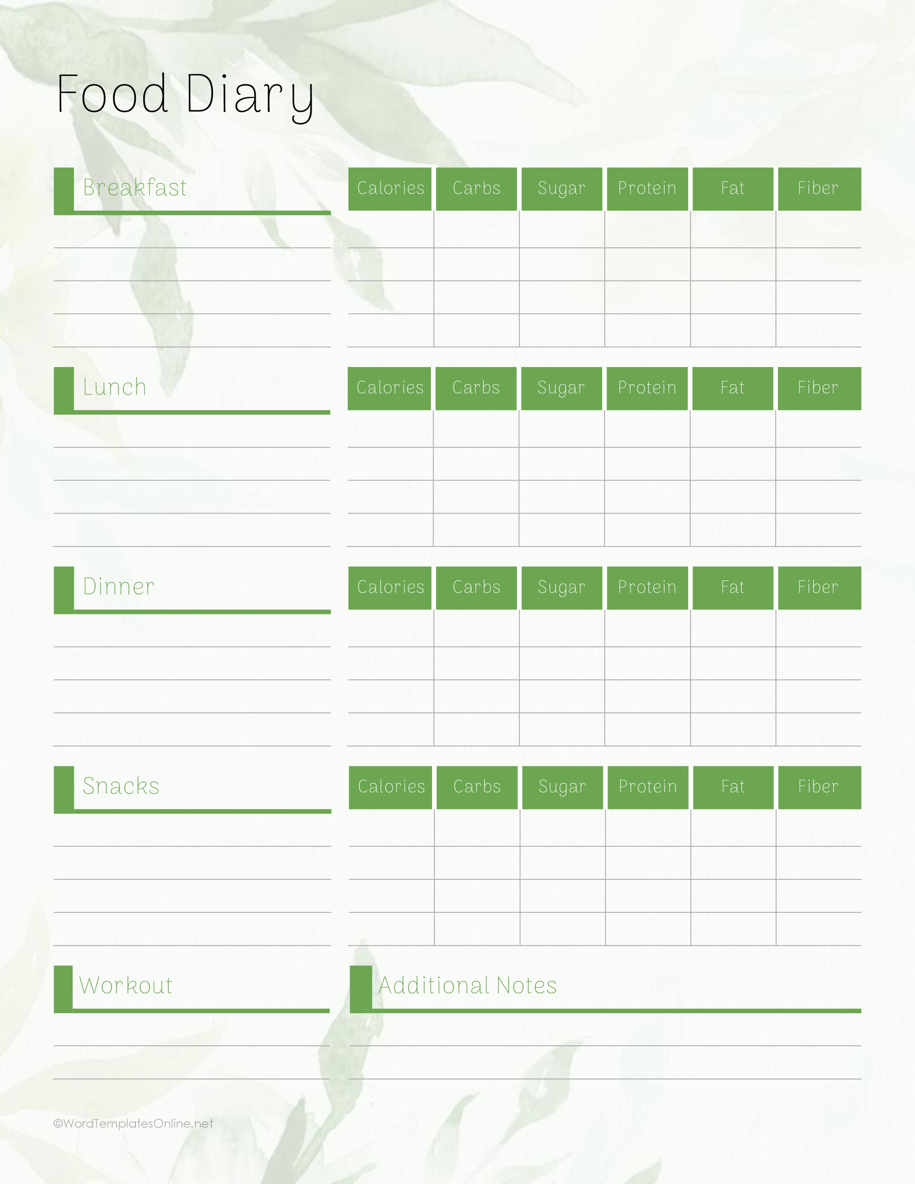 Daily Food Template Editable in MS Word