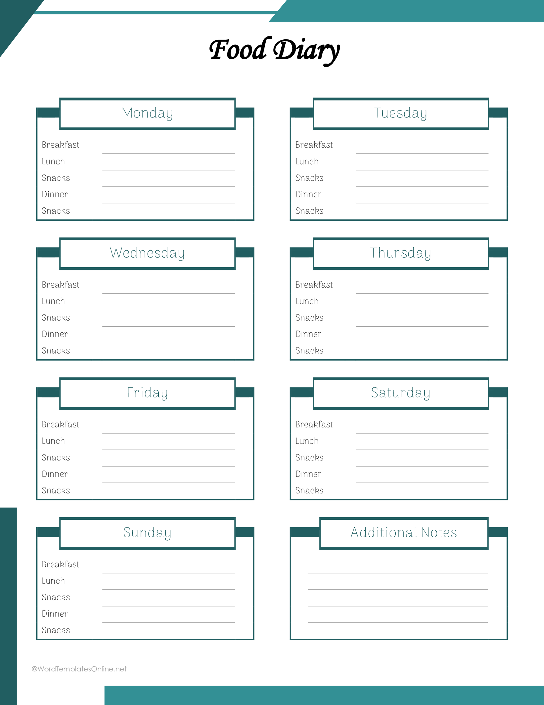 Simple Food Diary Template Word Free Printable