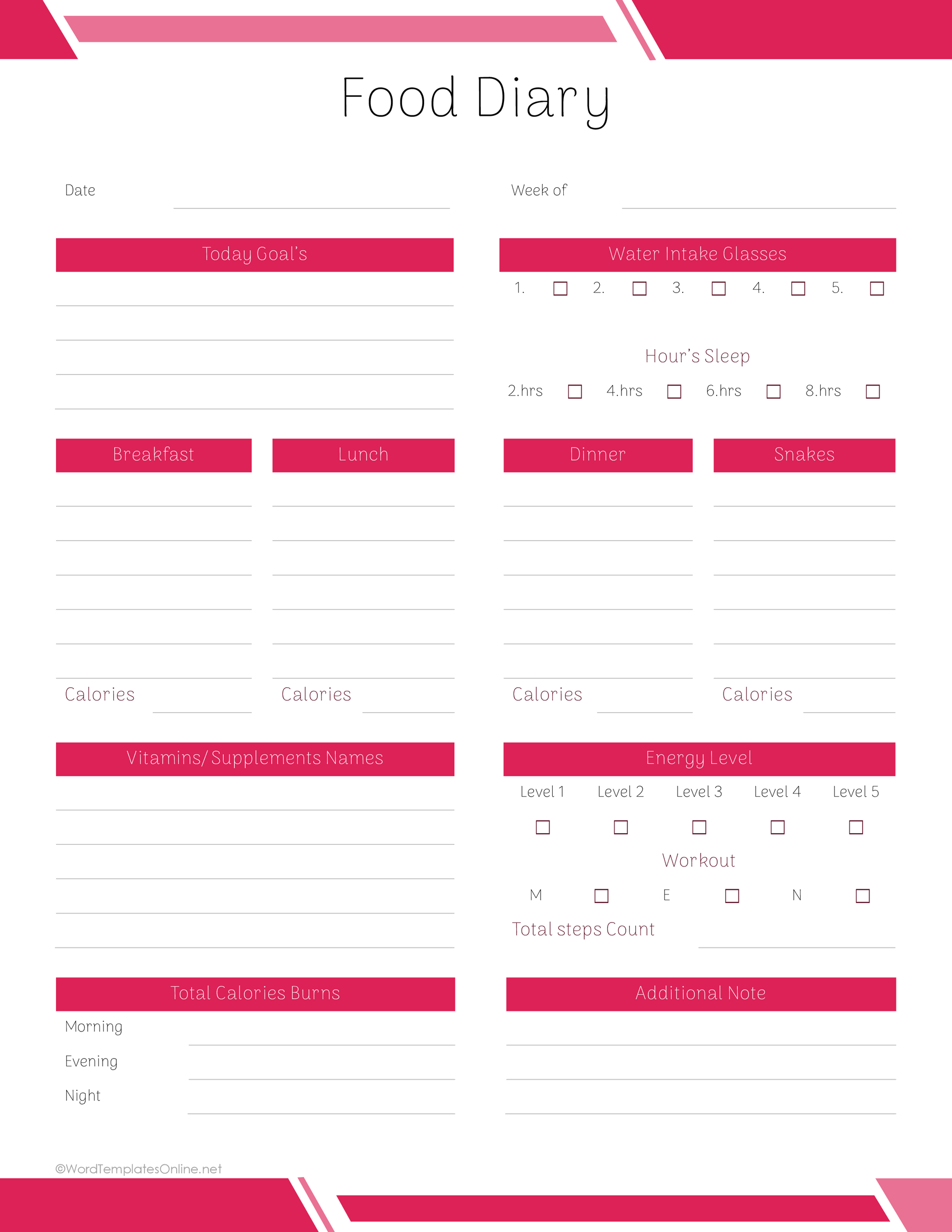 Free Editable Food Diary Sheet Template Word