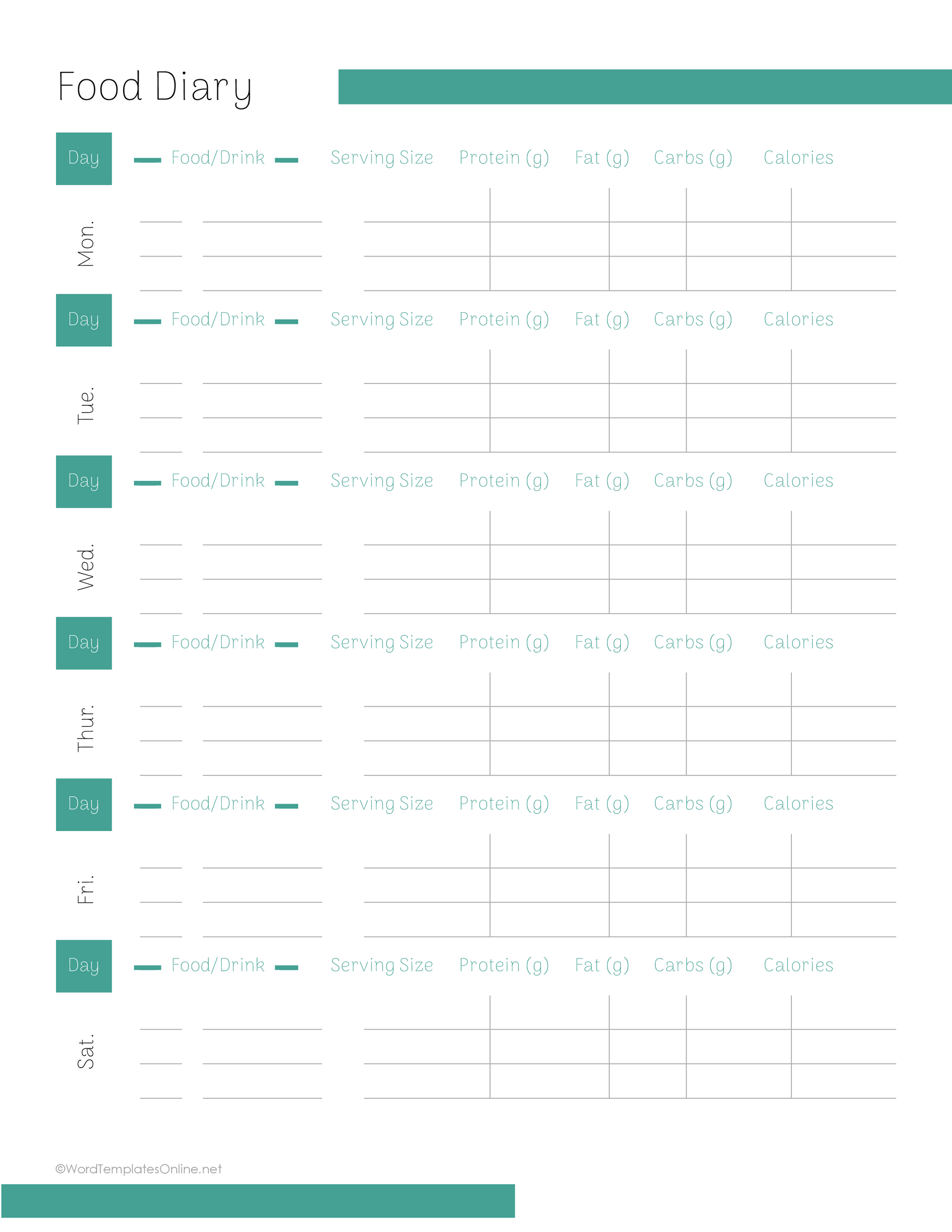 Simple Food Diary Template Word Editable File