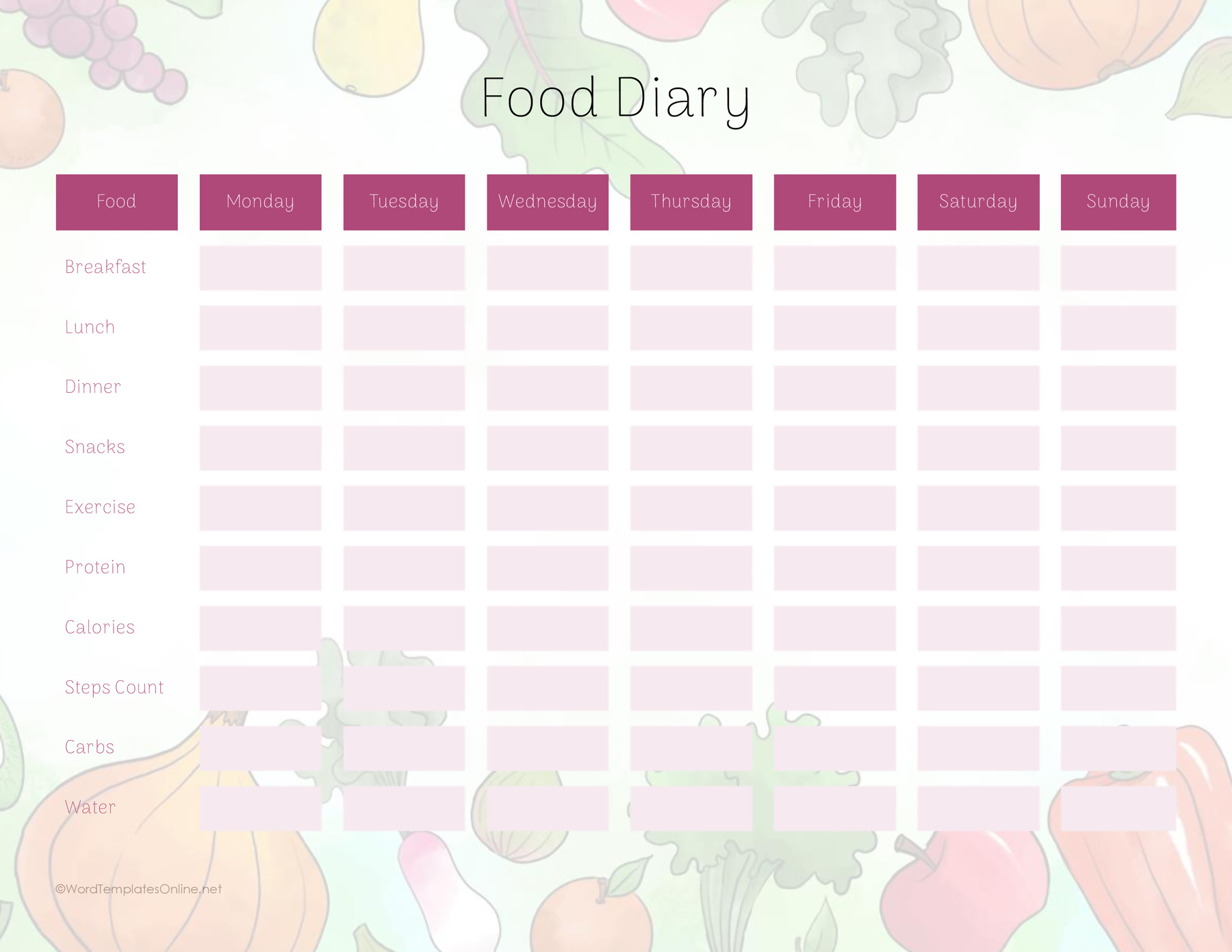 Diet Food Diary Template Free Word Document